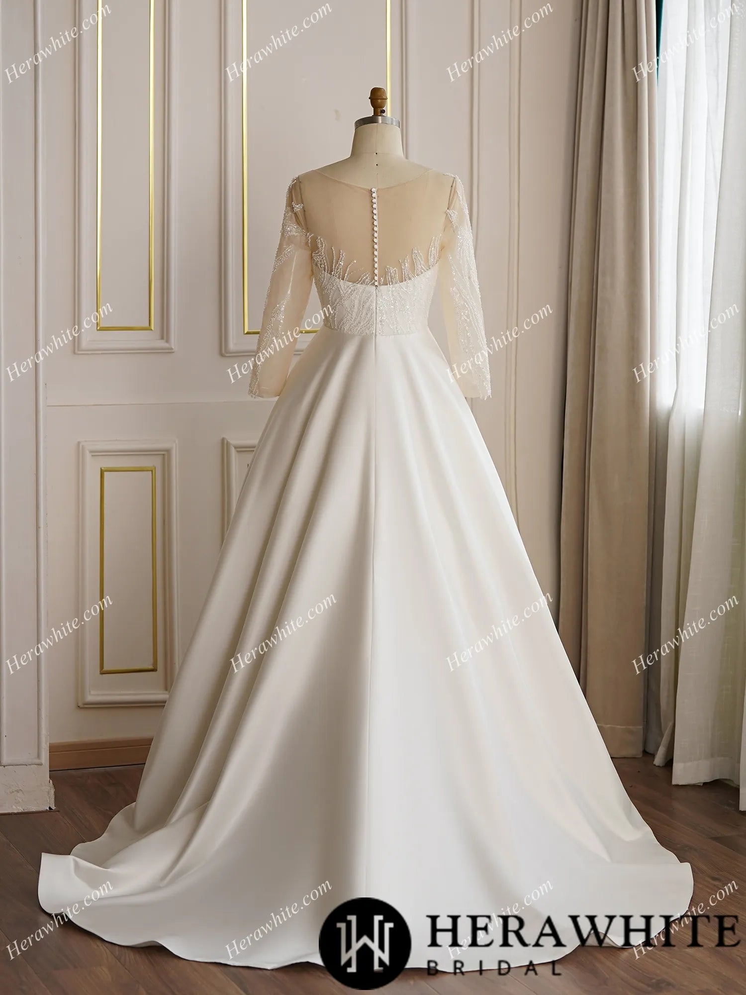 Beaded Sheer Long Sleeve Satin Wedding Dress