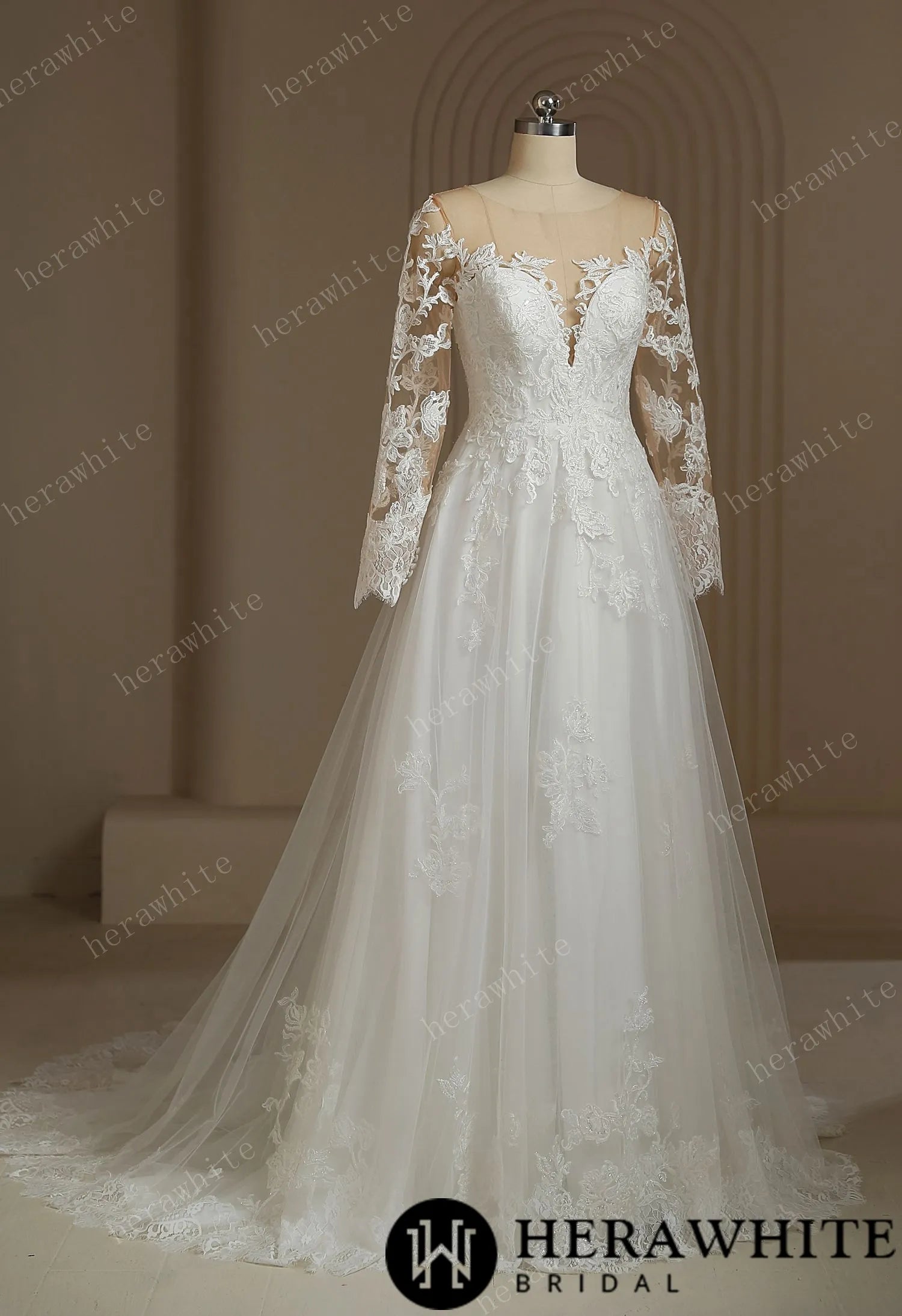 Romantic Sweetheart Long Sleeve Illusion Back Wedding Dress