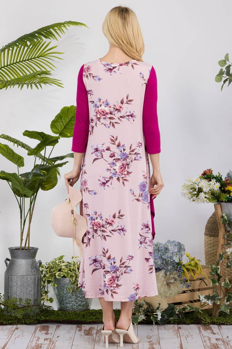 FLORAL CONTRAST MID-DRESS WITH RUFFLE DETAILS -CD43841C