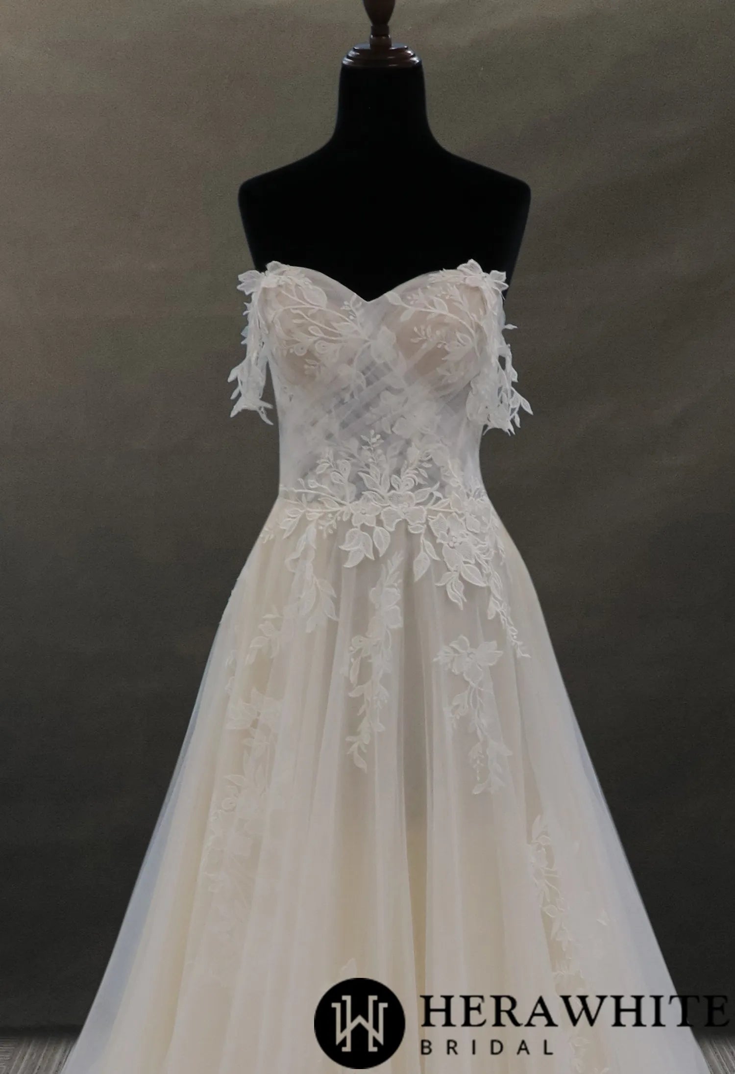 Off-the-shoulder Lace And Tulle Bridal Gown With Sheer Bodice
