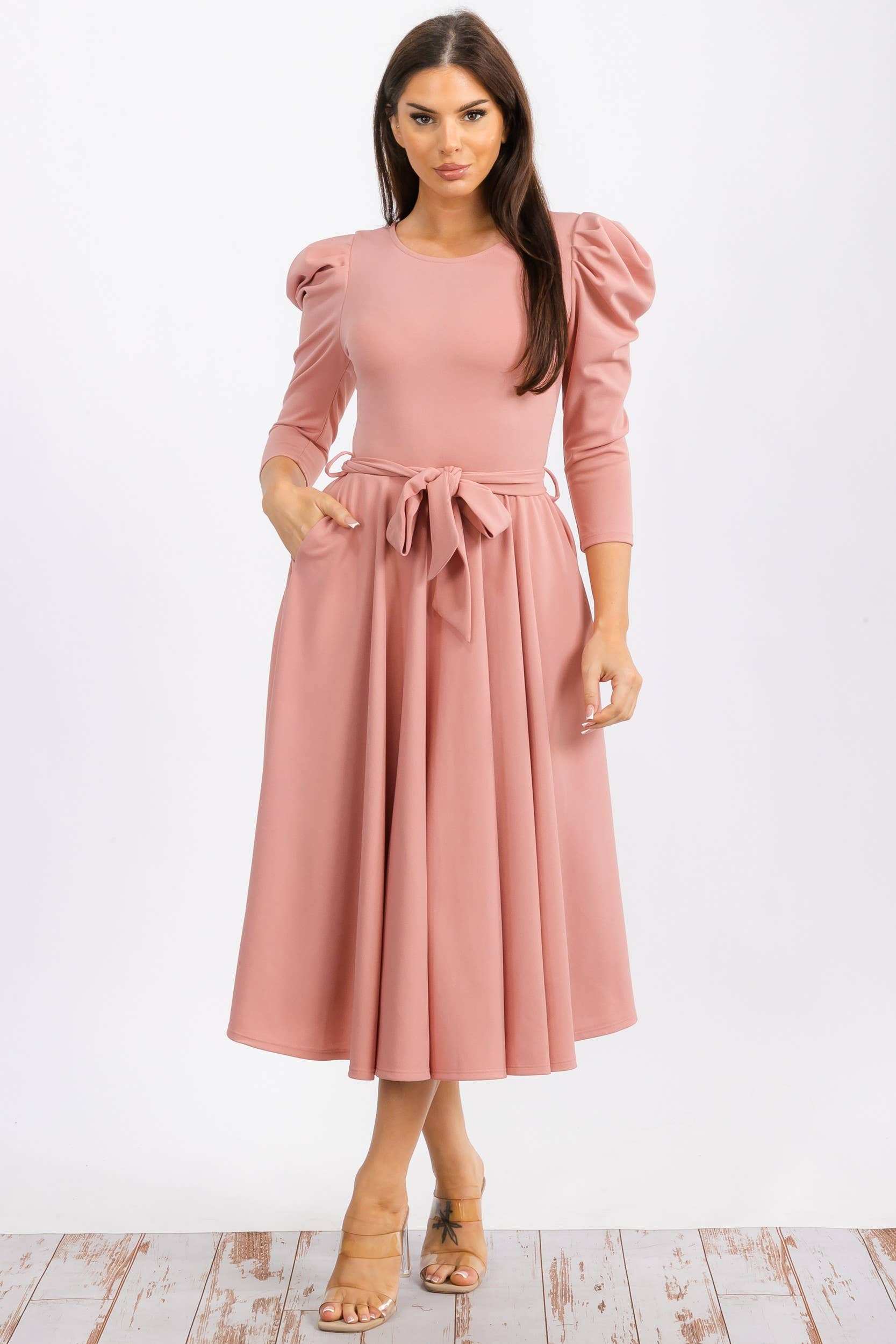 HH698R-LS-S- Puff 3/4 Sleeve Midi Cocktail Dress