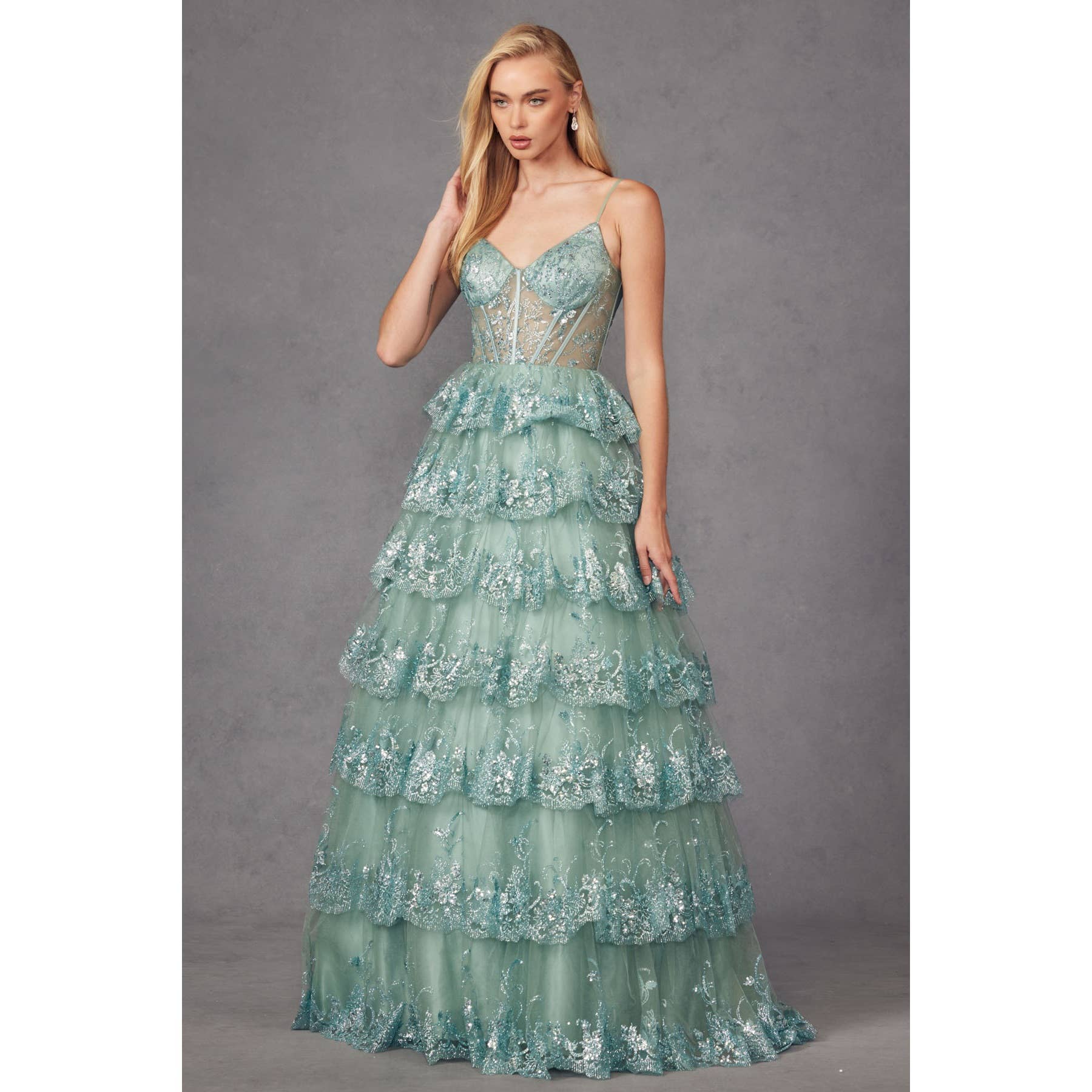RUFFLE TULLE LACE SEQUIN BALL GOWN WITH SHEER CORSET BODICE