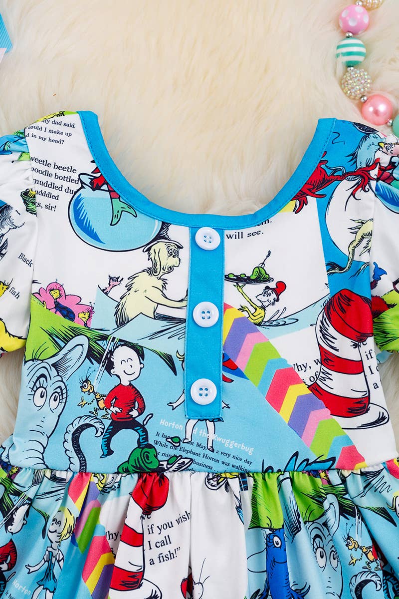 CAT IN THE HAT TURQUOISE DRESS WITH RUFFLE. DRG40198 AMY: XL