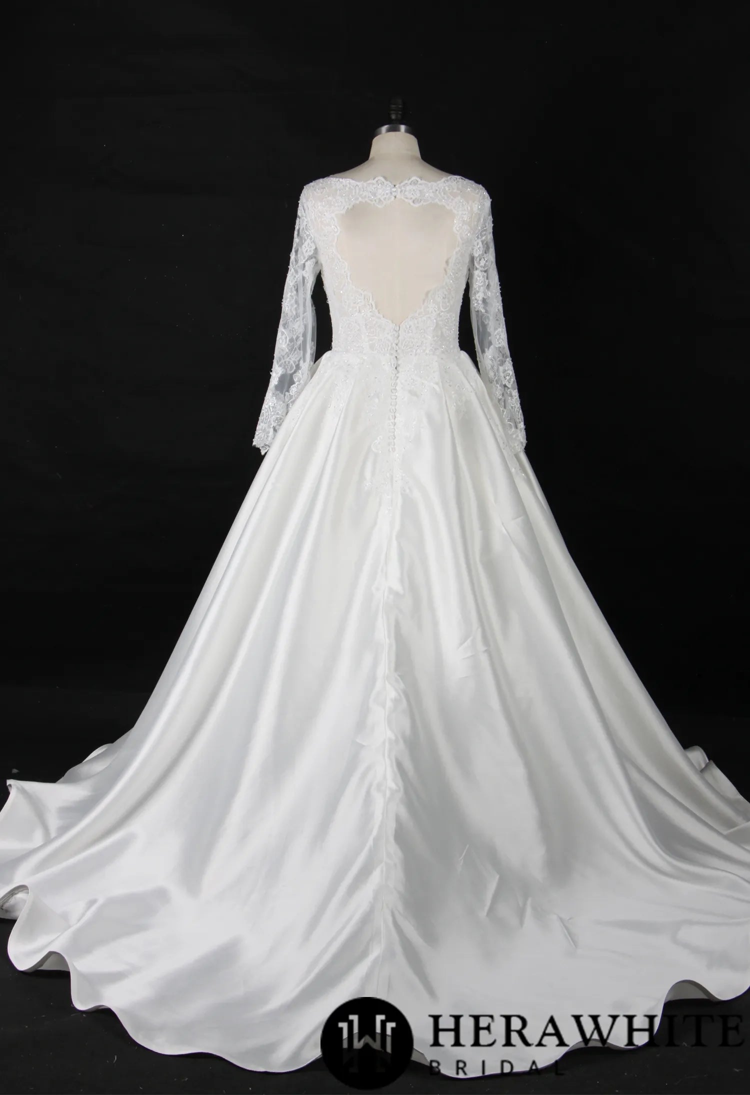 Elegant Long Sleeves Satin Wedding Gown With Lace Keyhole Back