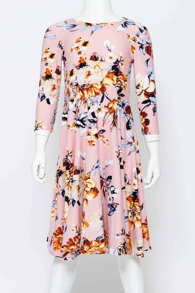 Girl's Princess Seam A-Line Dress with Full Skirt: MUSTARD FLORAL / S (5/6Y)