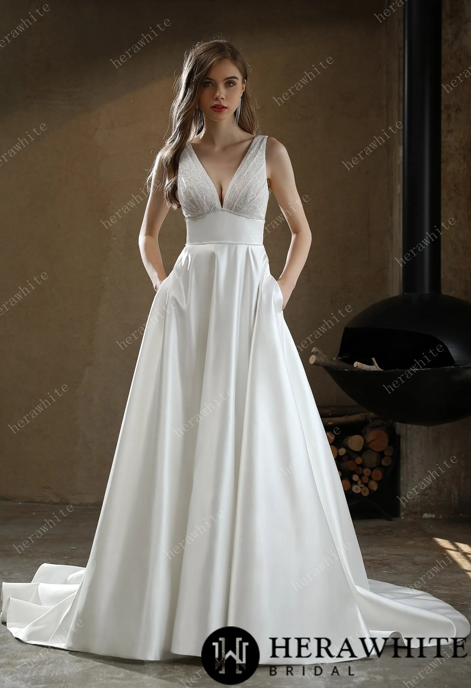 Timeless Satin V-neck Bridal Gown with Chapel Train