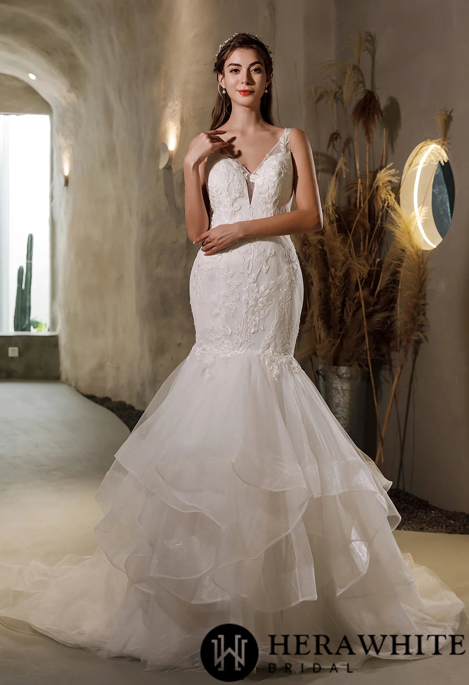 Beaded Lace Tulle Ruffled Mermaid Wedding Dress