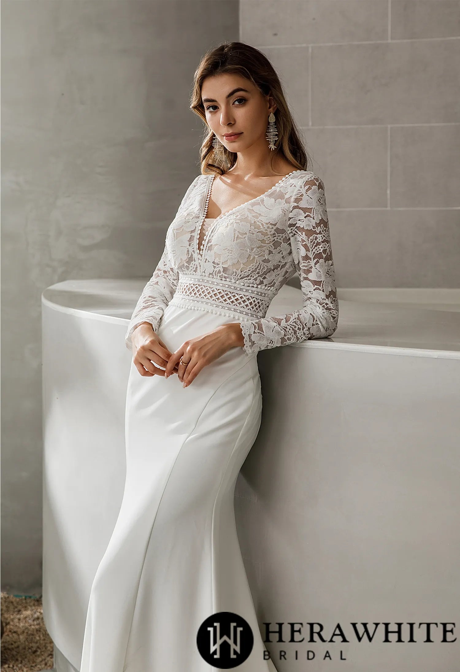 Long Sleeve Plunging V-neck Crepe Wedding Dress