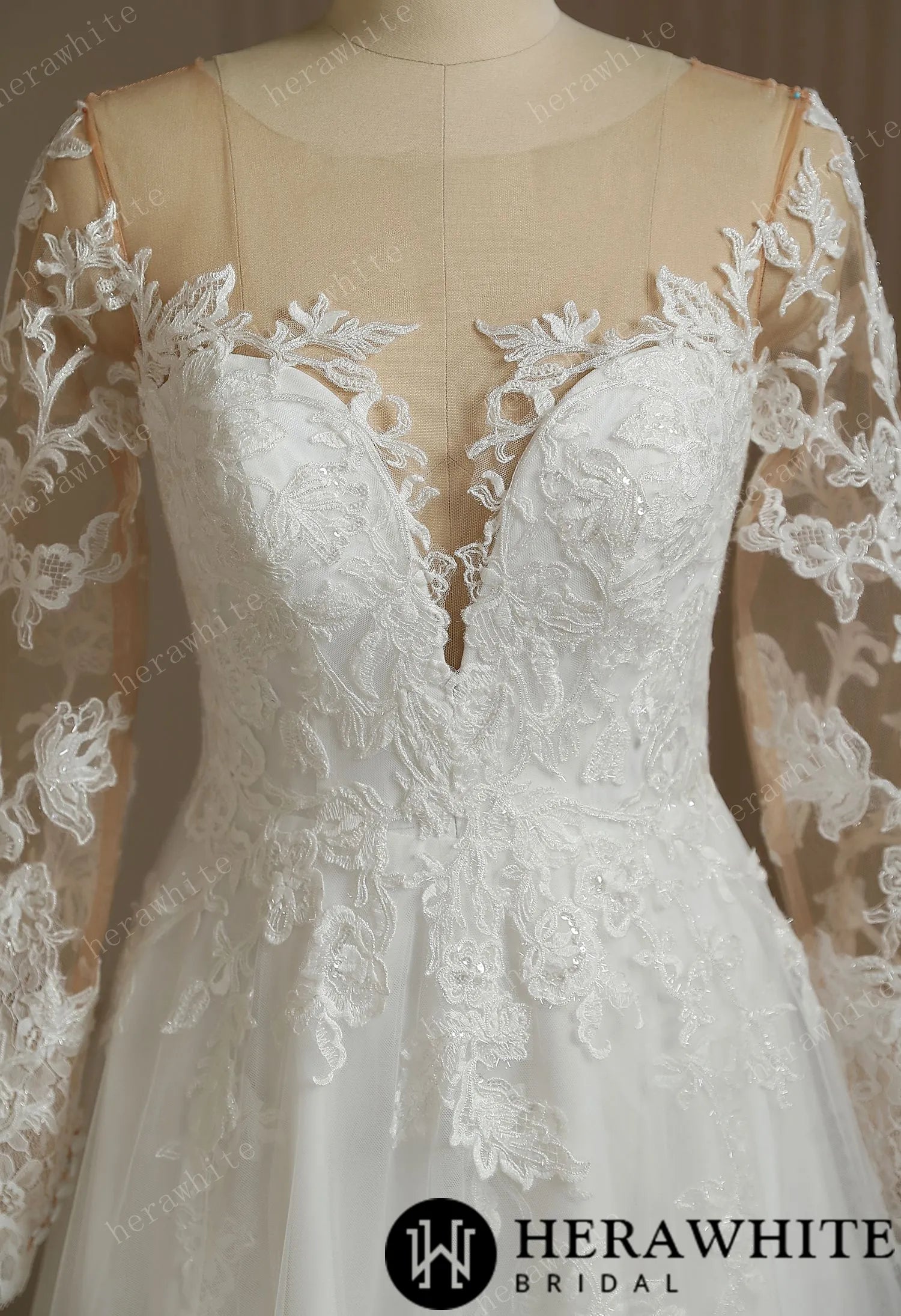 Romantic Sweetheart Long Sleeve Illusion Back Wedding Dress