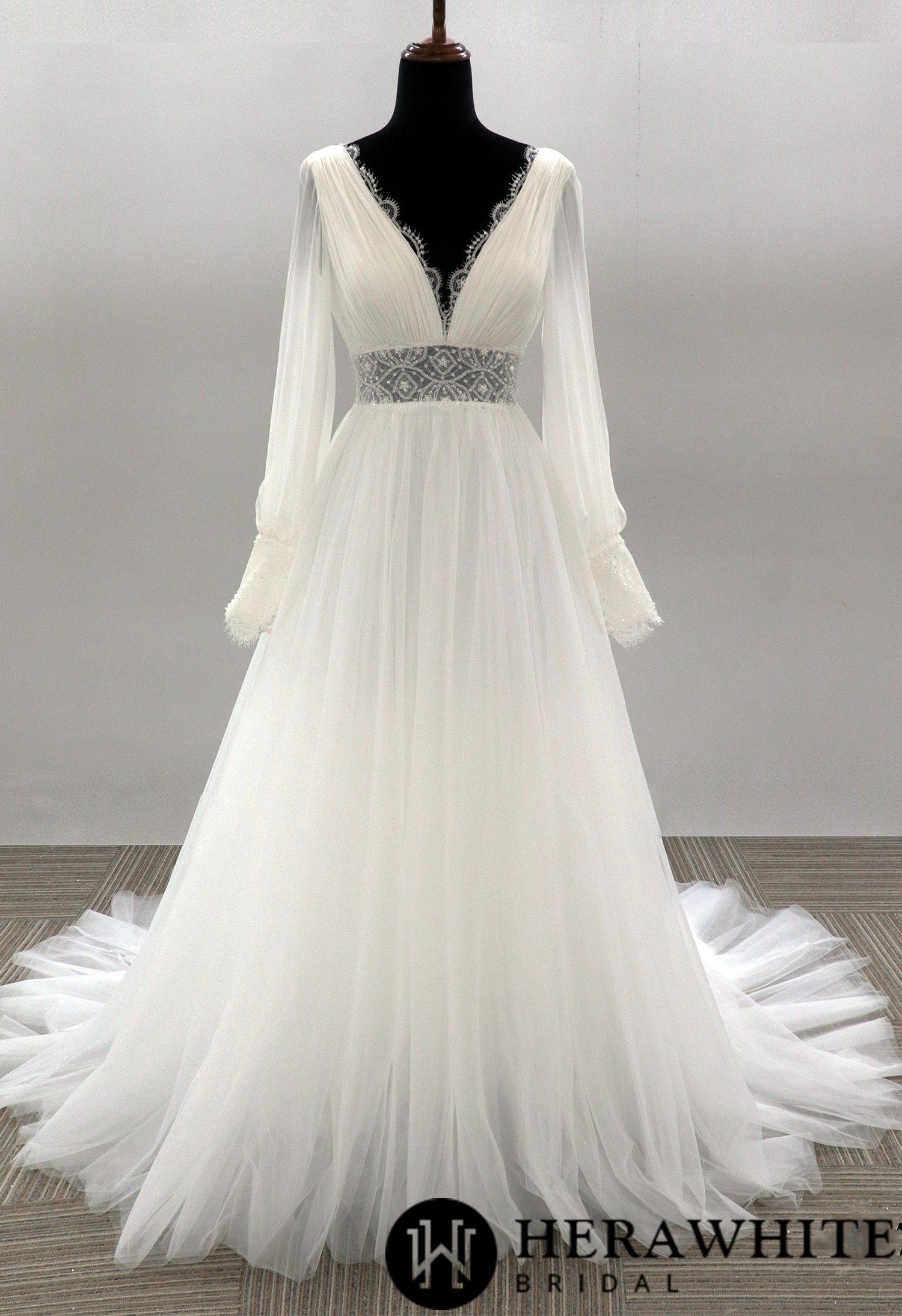 Plunging V-neck Long Sleeves Tulle Wedding Gown