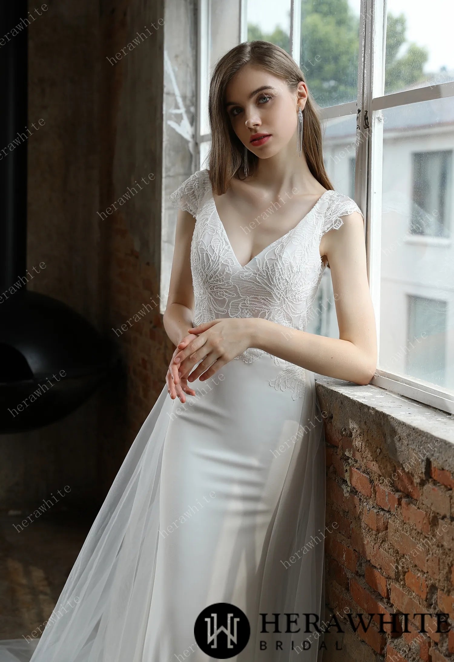 Crepe Sheath Wedding Dress with Lace Cap Sleeves