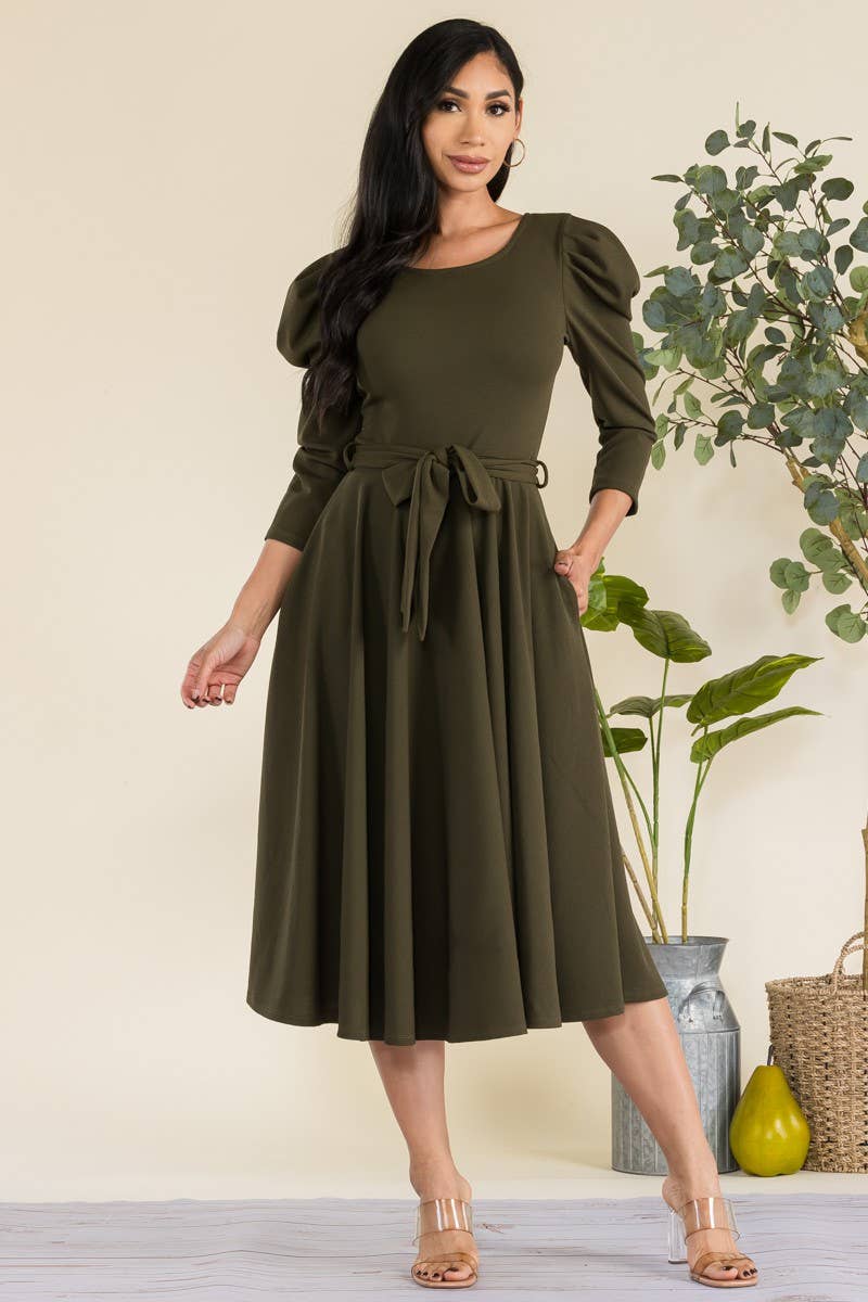 HH698R-LS-S- Puff 3/4 Sleeve Midi Cocktail Dress