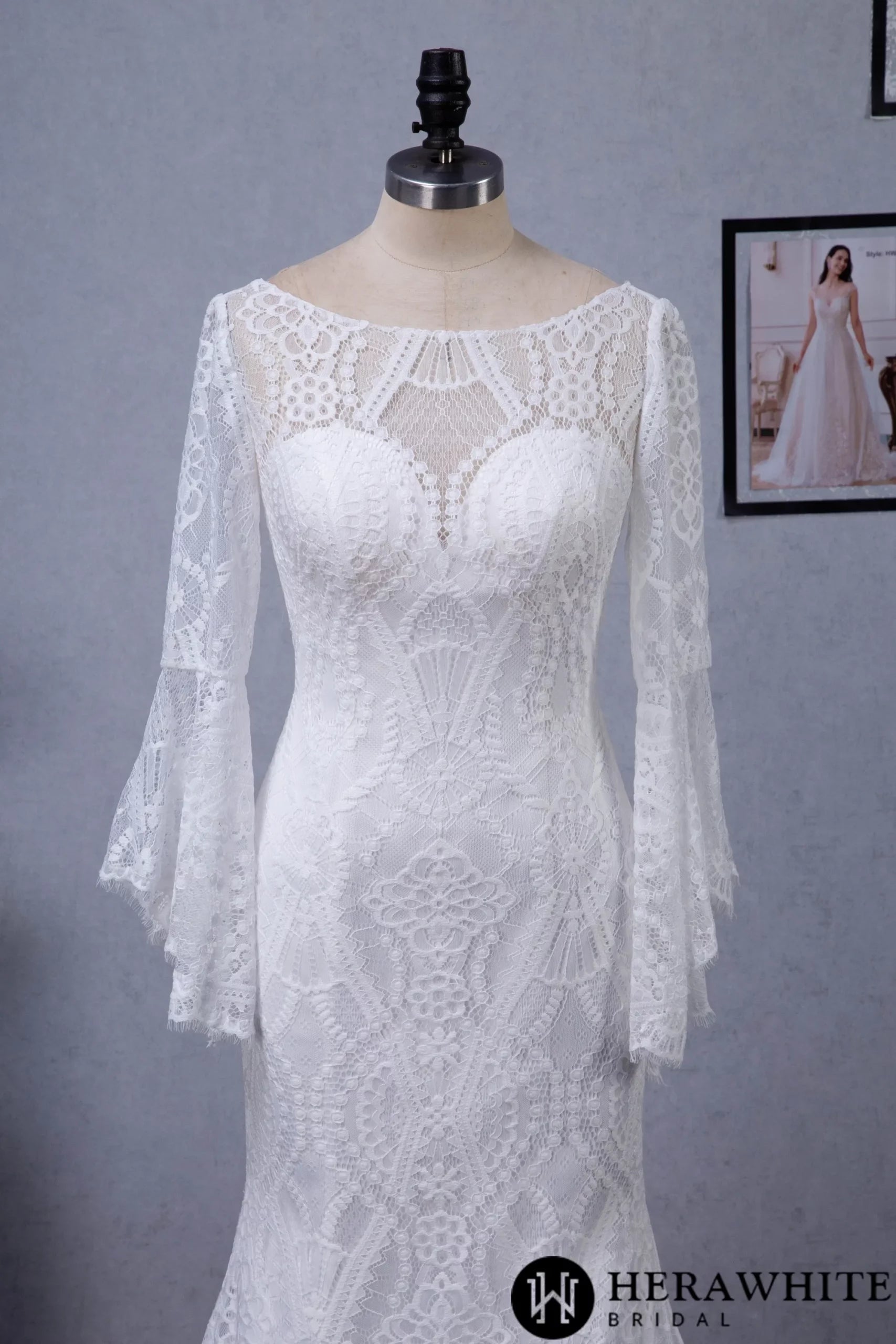 Illusion Neckline Lace Wedding Dress With Removeable Overskirt