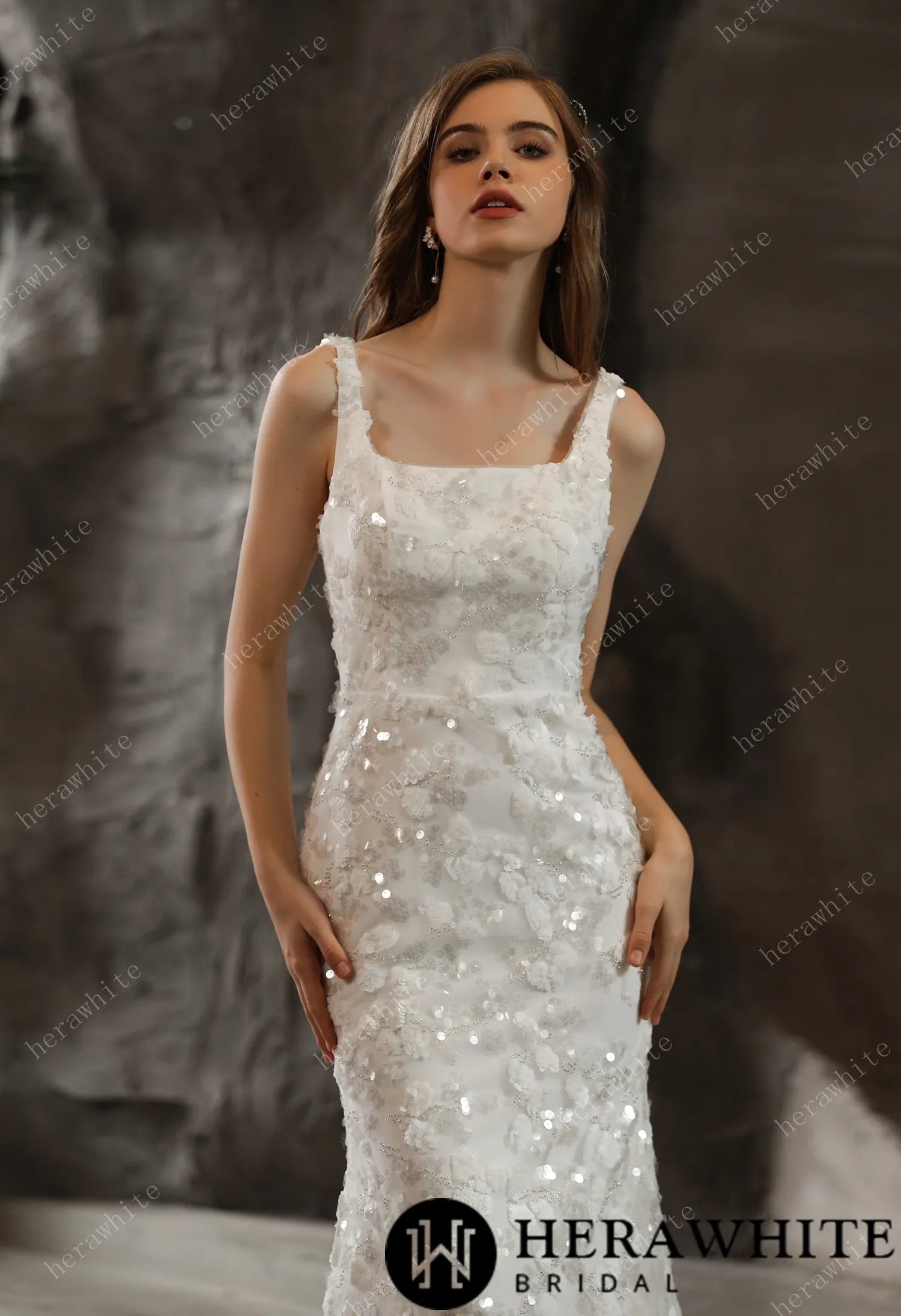 Shimmery Sequined Lace Square Neckline Wedding Dress