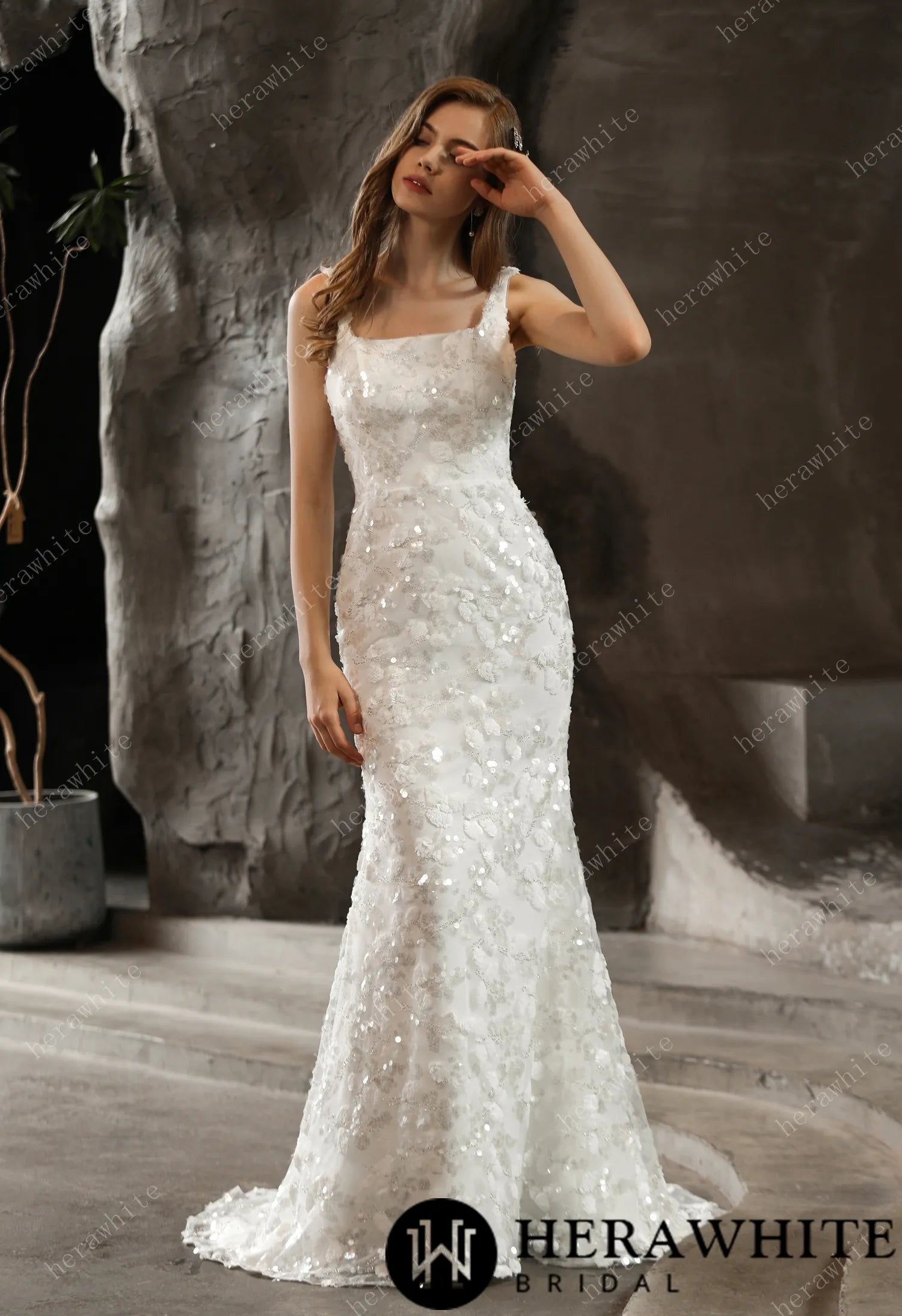 Shimmery Sequined Lace Square Neckline Wedding Dress