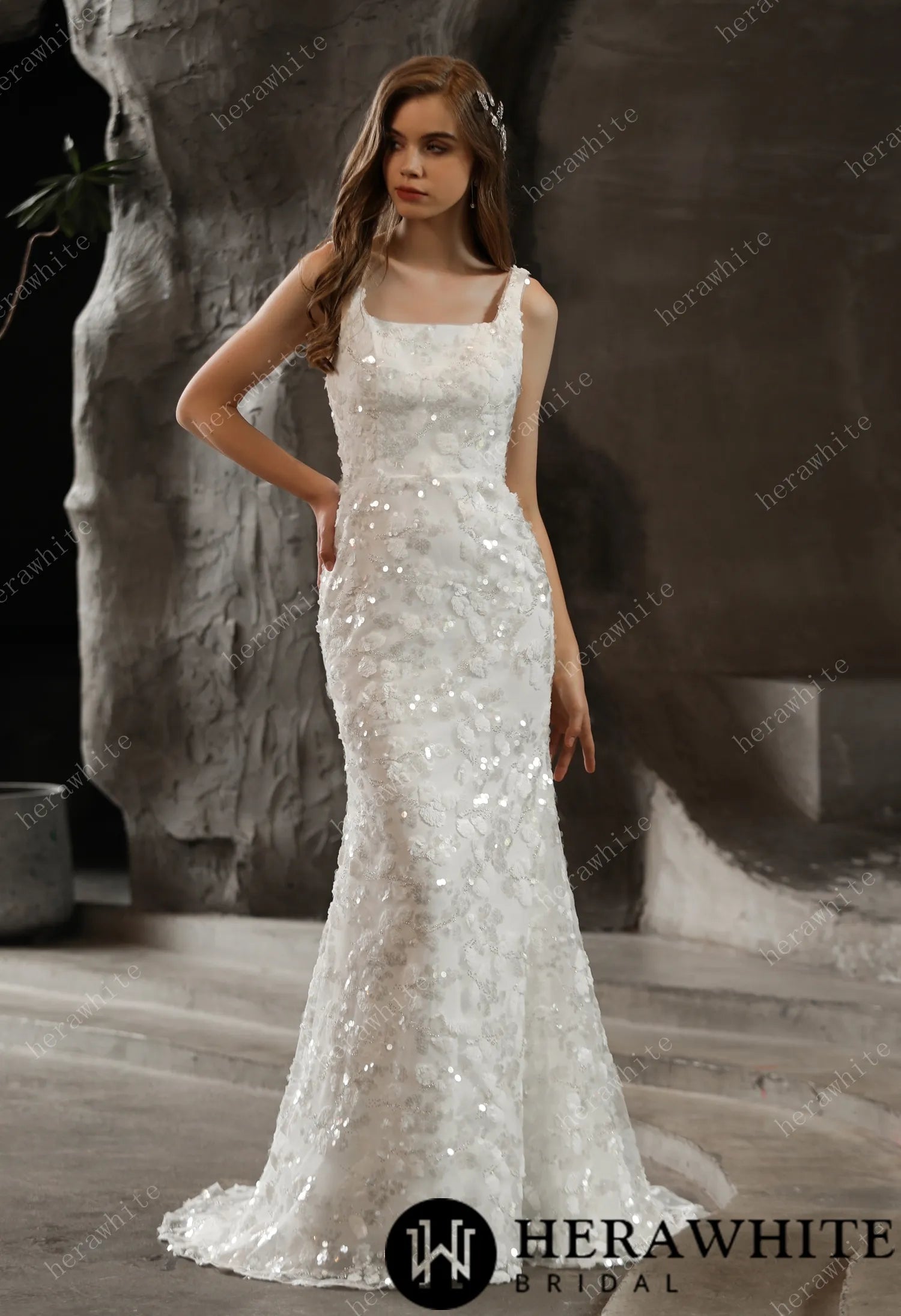 Shimmery Sequined Lace Square Neckline Wedding Dress
