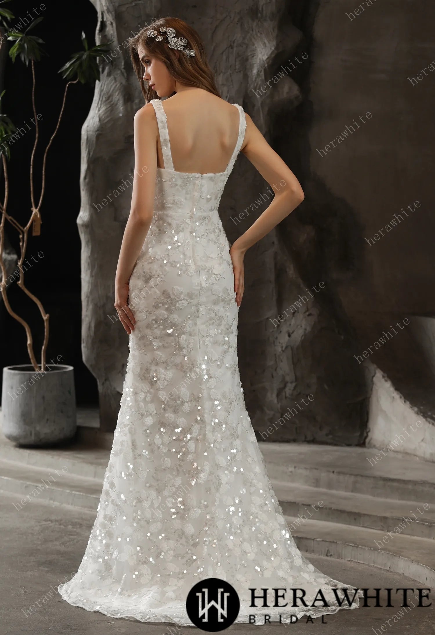 Shimmery Sequined Lace Square Neckline Wedding Dress