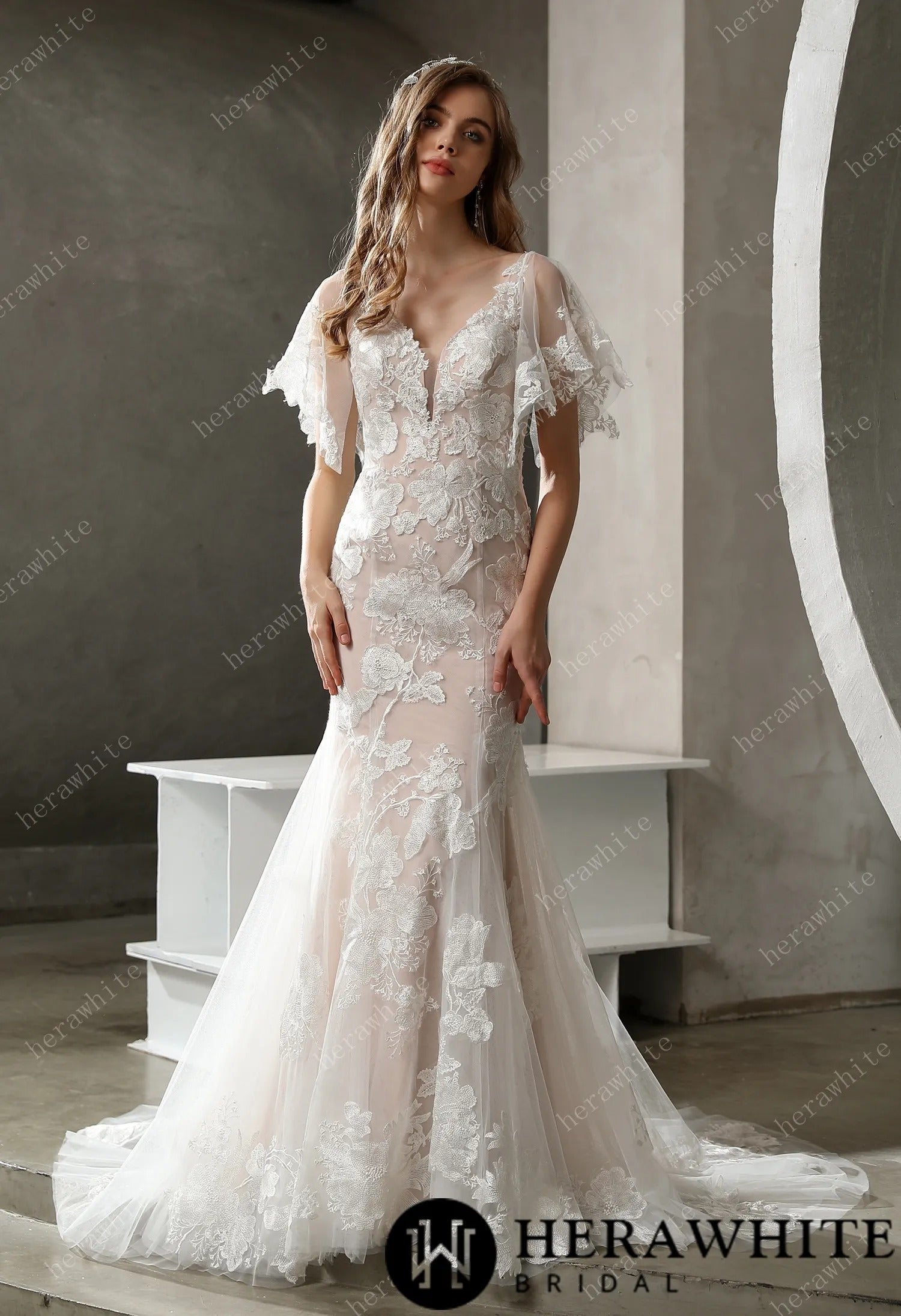 Floral Lace Plunging V-neck Bridal Gown with Flutter Sleeves