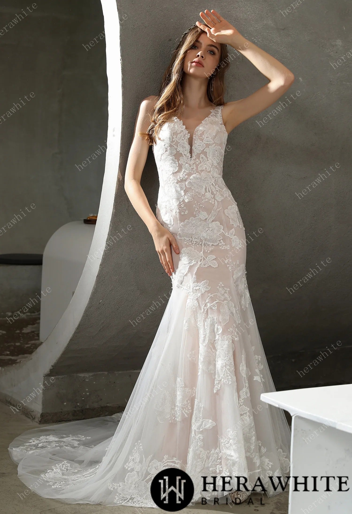 Floral Lace Plunging V-neck Bridal Gown with Flutter Sleeves