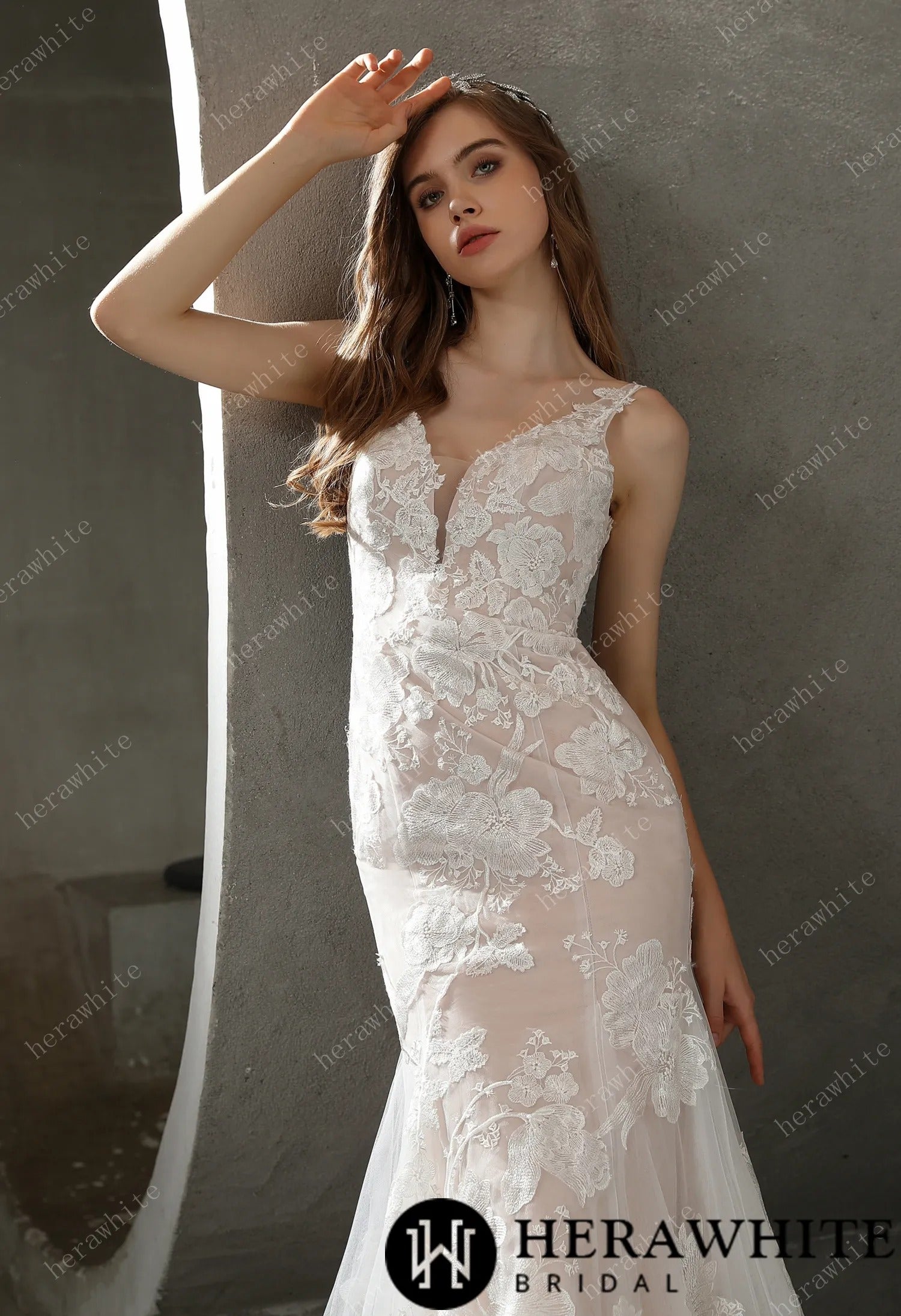 Floral Lace Plunging V-neck Bridal Gown with Flutter Sleeves