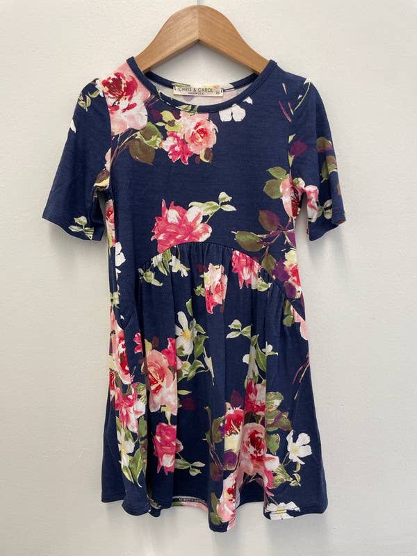 GIRLS FLORAL KNIT DRESS - K1610140D: L / BLUE/YELLOW