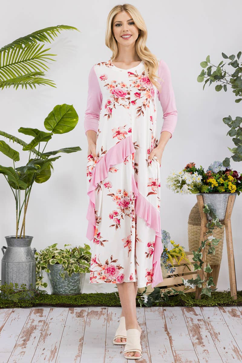 FLORAL CONTRAST MID-DRESS WITH RUFFLE DETAILS -CD43841C