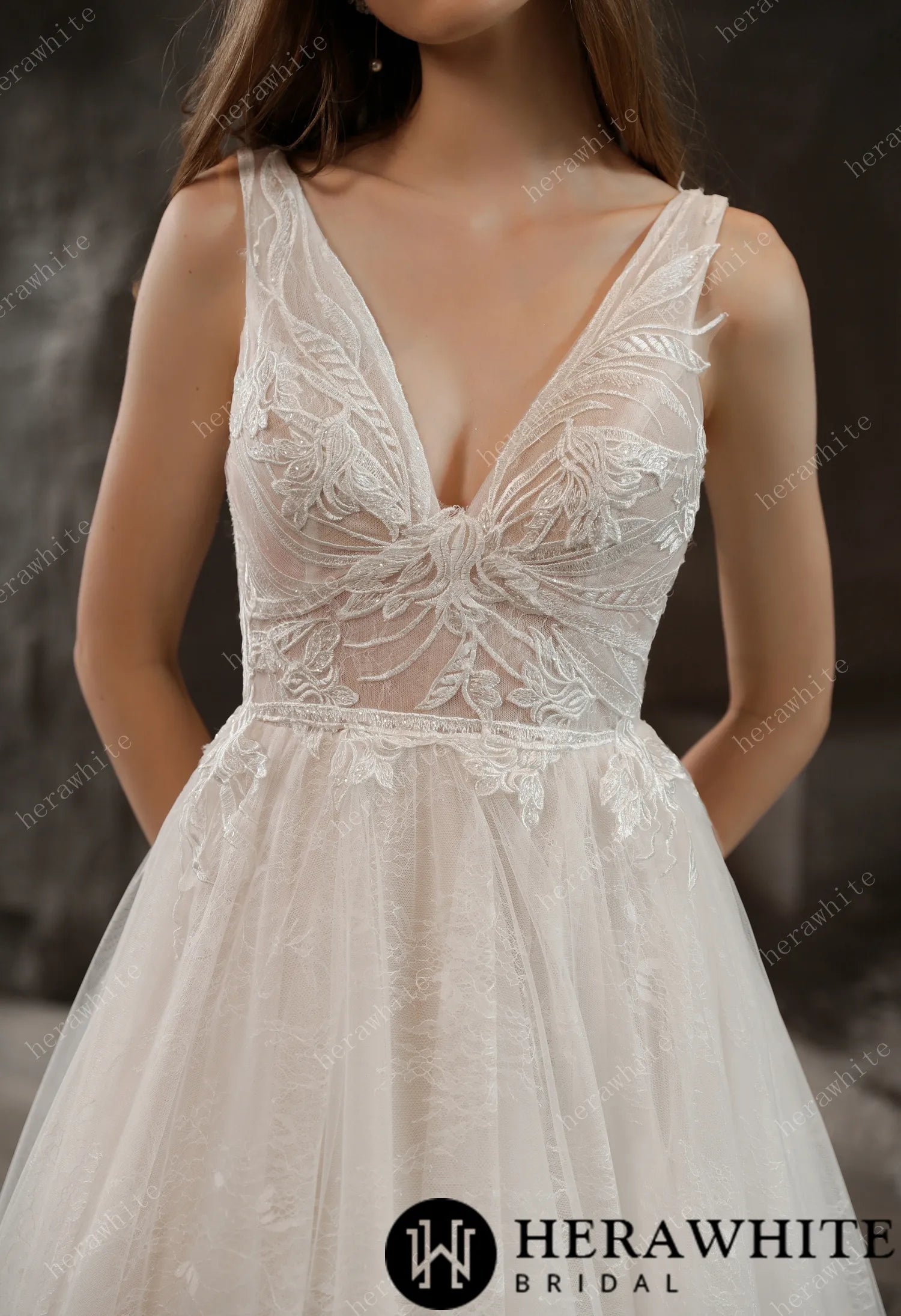 Lovely Lace V-neck wedding dress with Tulle Skirt