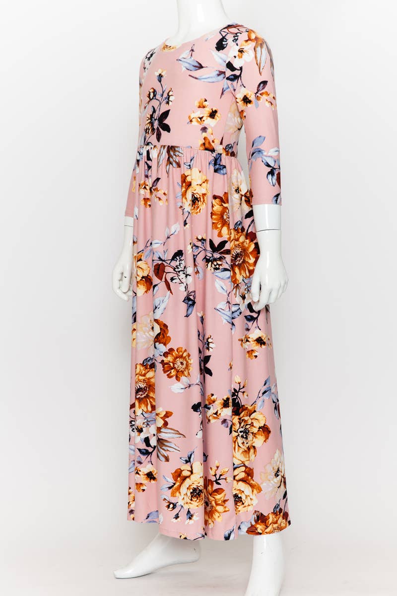 Girls Fit and Flare Floral Maxi Dress: FLORAL ORANGE / L