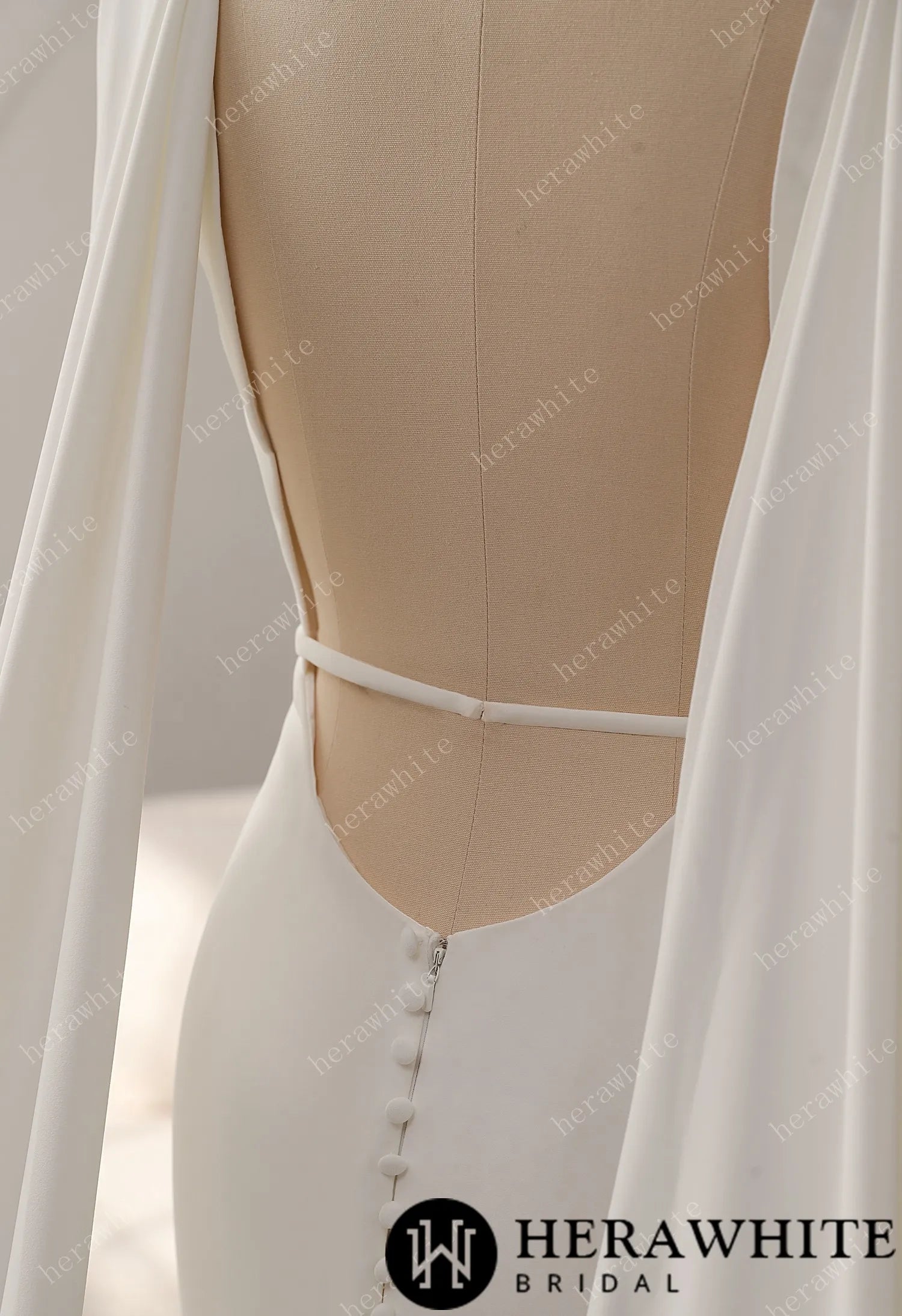 Deep V-neckline Crepe Wedding Dress with Detachable Cape