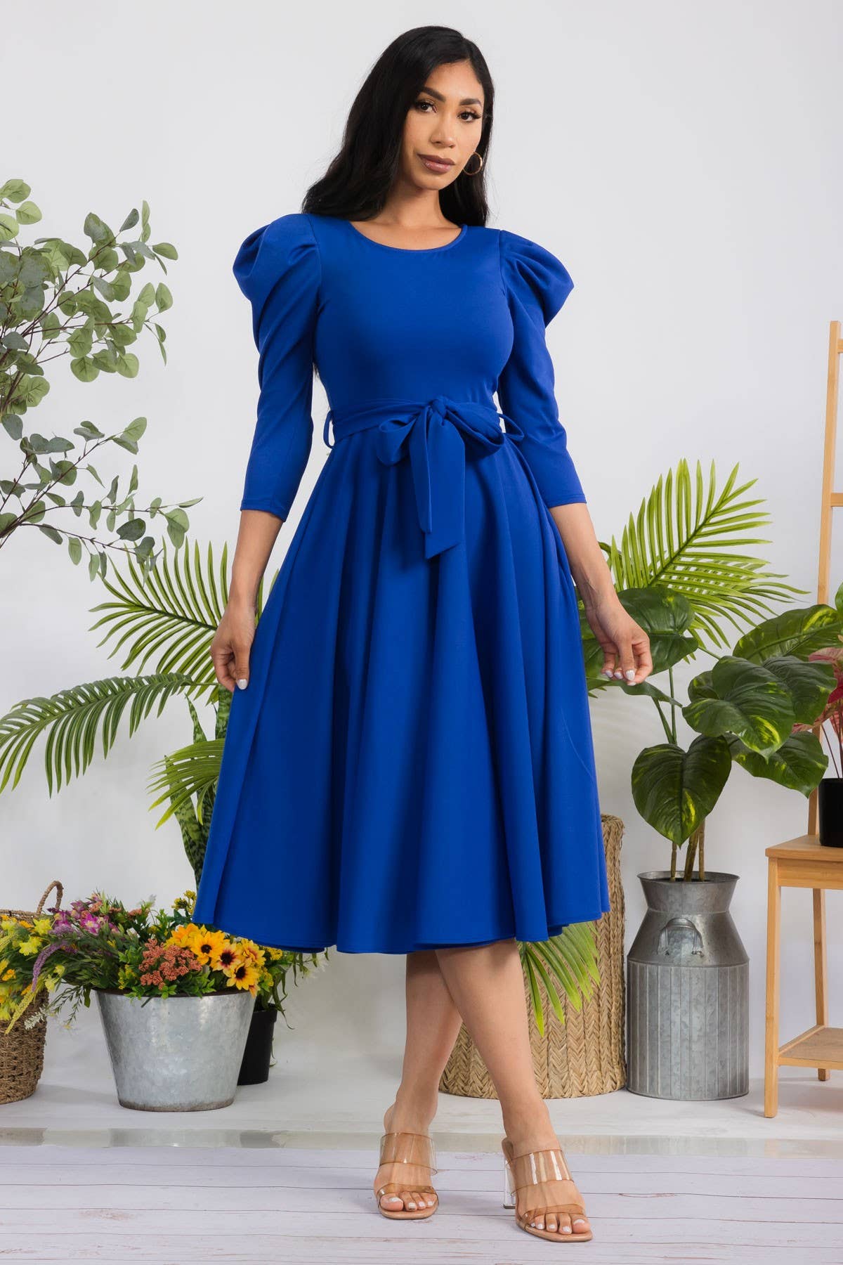 HH698R-LS-S- Puff 3/4 Sleeve Midi Cocktail Dress