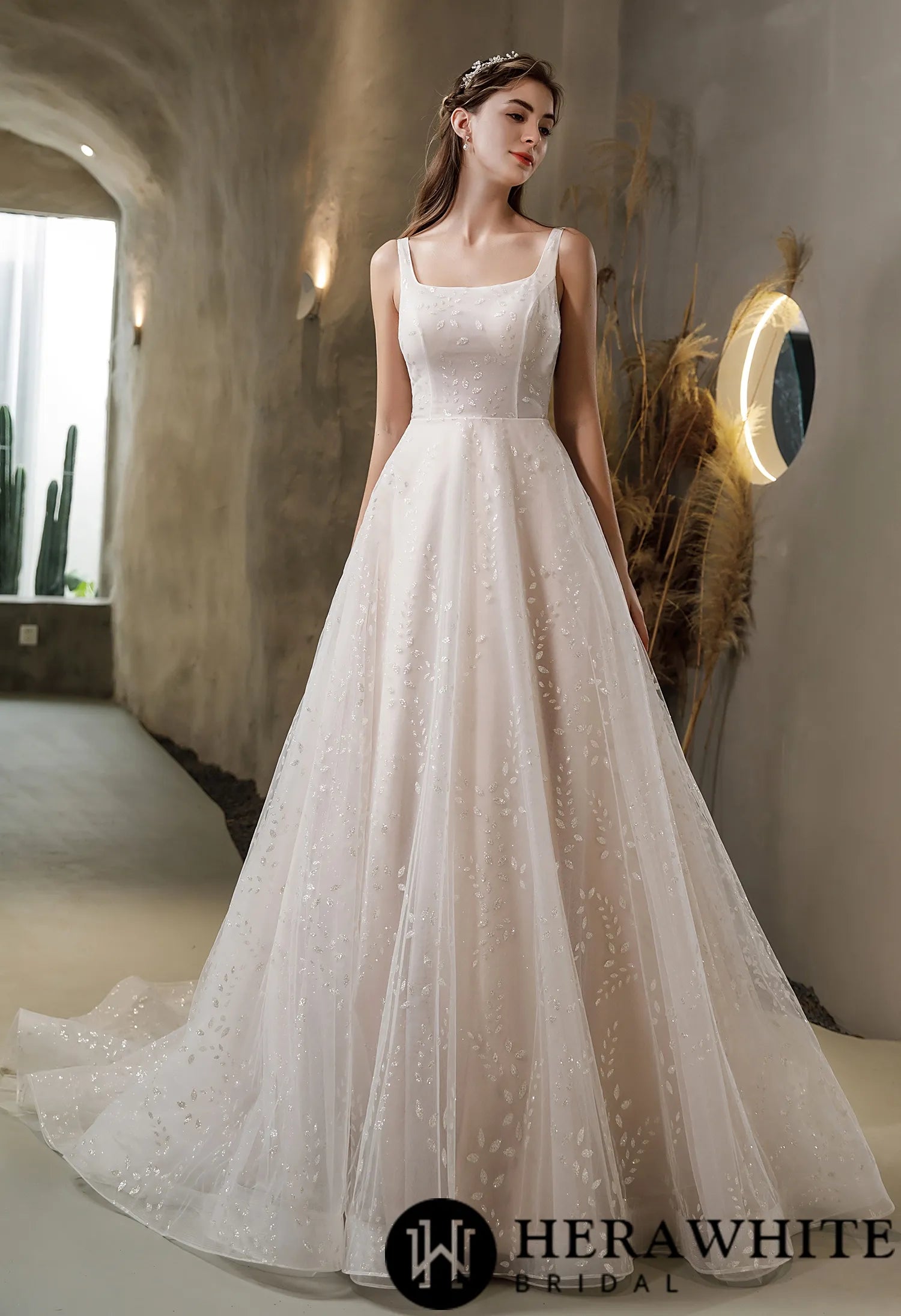Pink Nude Princess Wedding Dress With Square Neckline