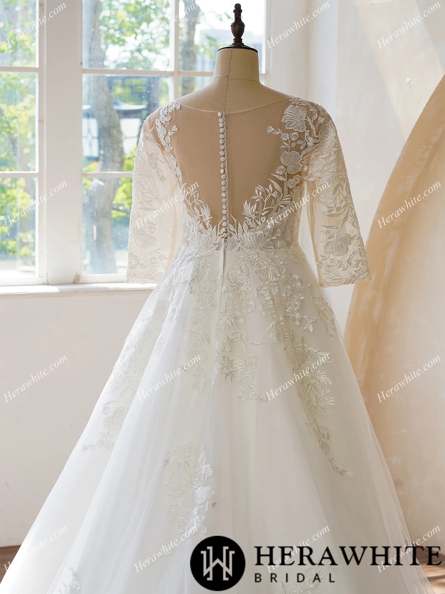 Illusion Neckline and Illusion Back With Buttons Bridal Dress