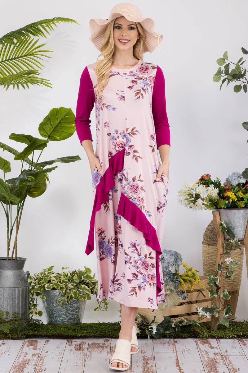 FLORAL CONTRAST MID-DRESS WITH RUFFLE DETAILS -CD43841C