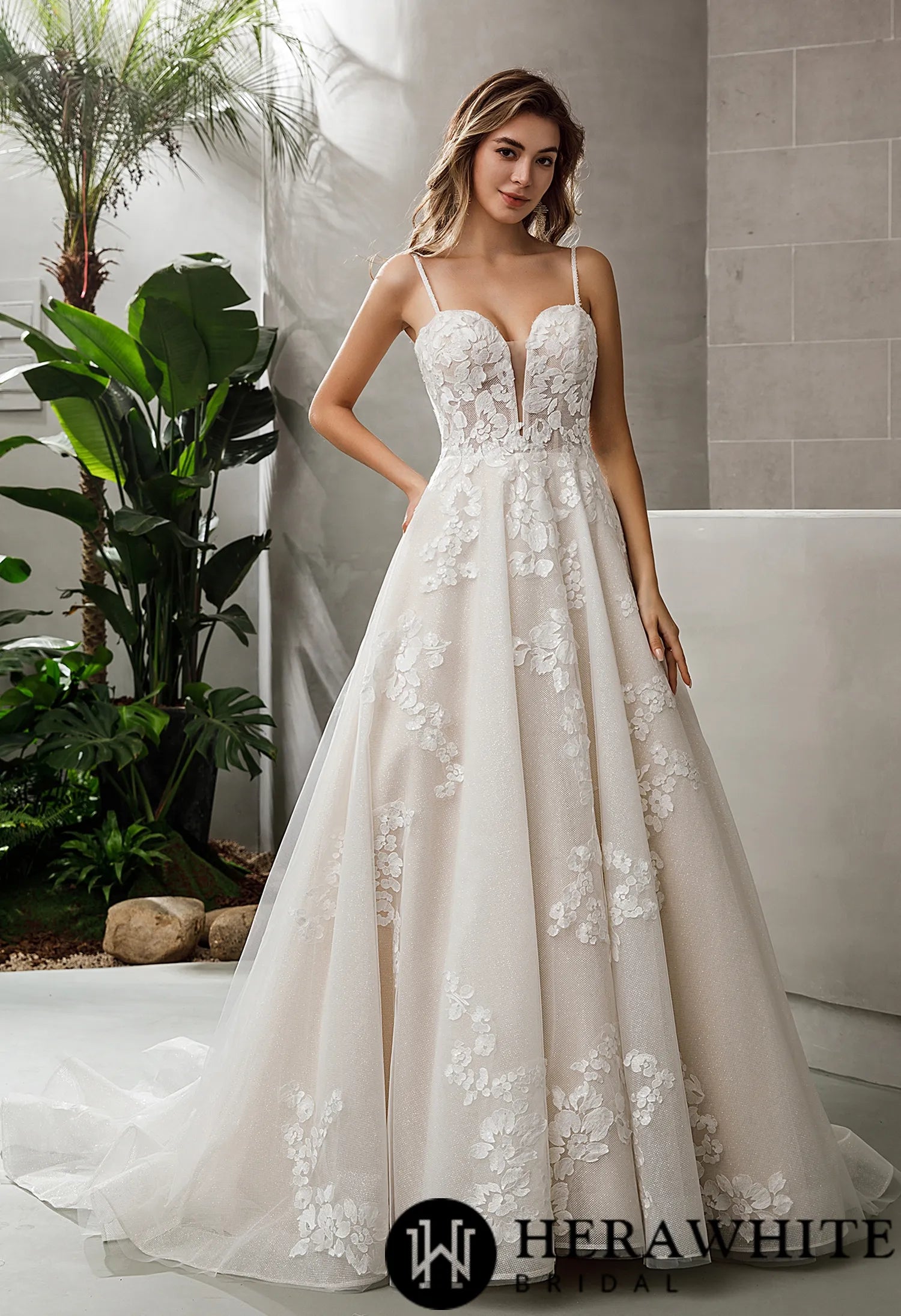 Plunging Sweetheart Floral Lace Glitter A-line Wedding Dress
