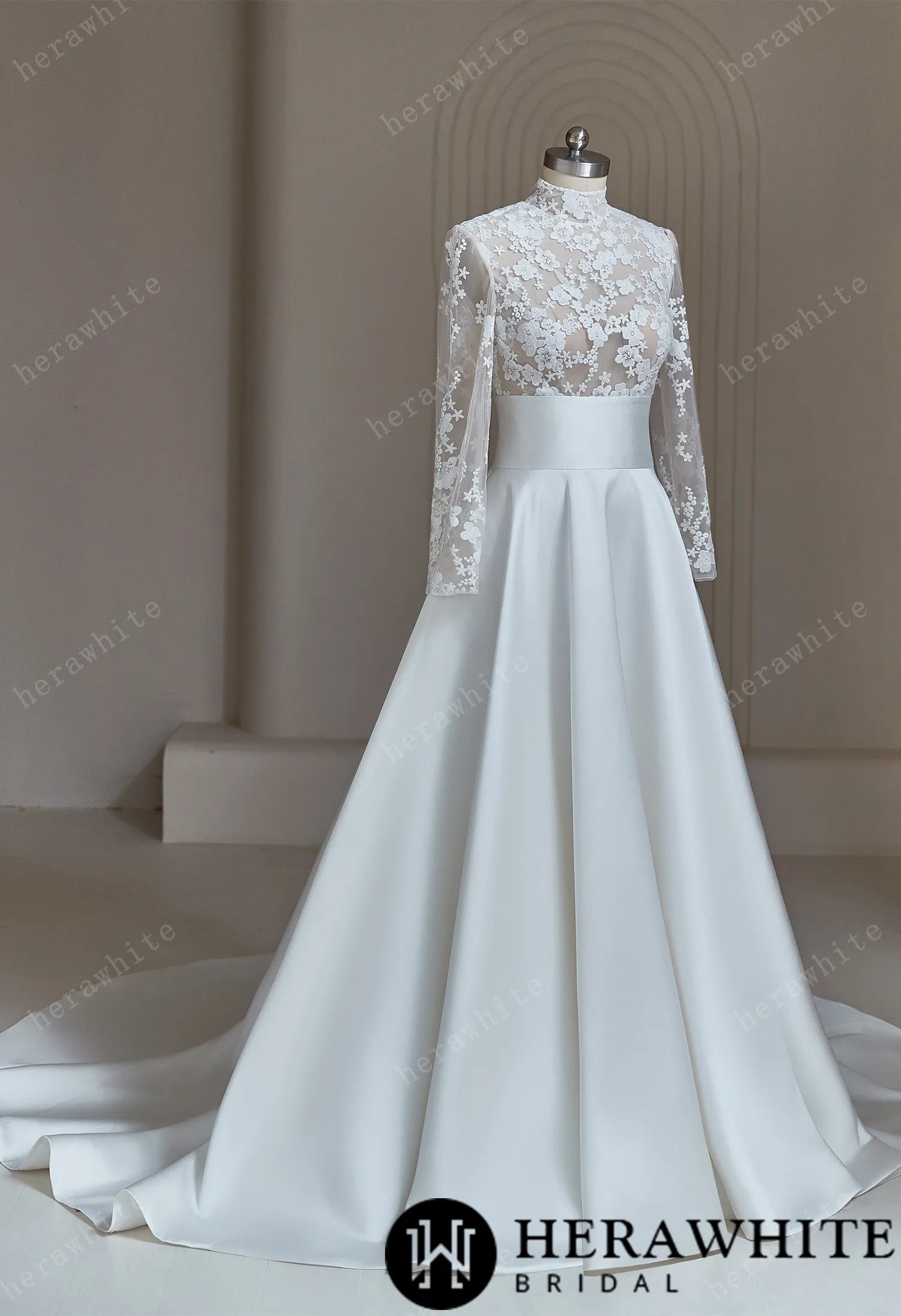 High-neck Modest Ivory Lace Satin Wedding Dress