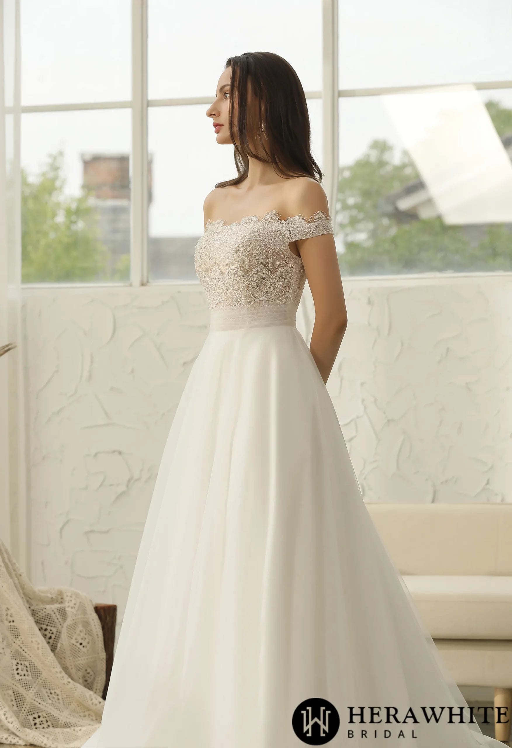 Off-The-Shoulder Beading Lace Pleating Wholesale Wedding Dress