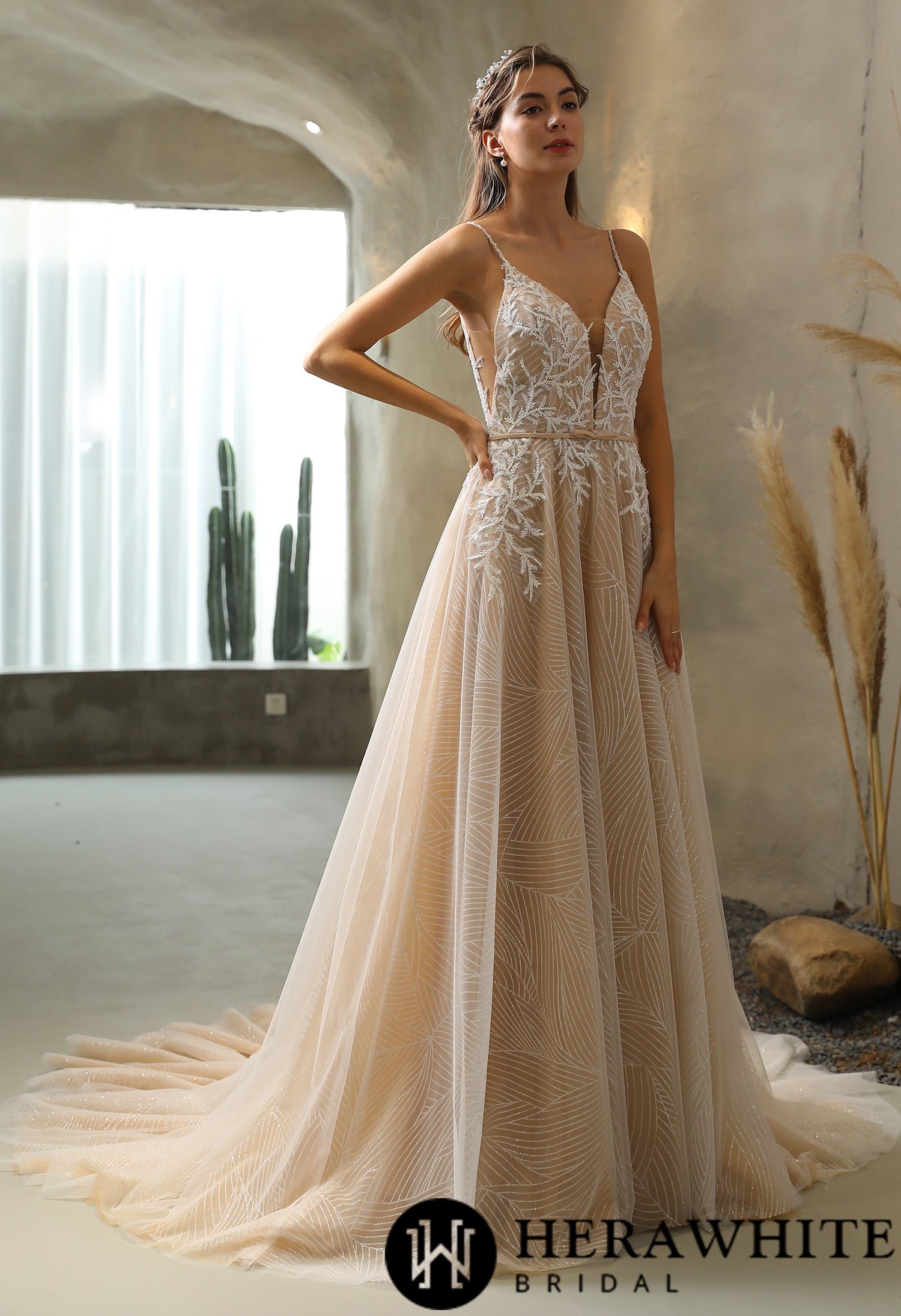 Shimmery Sequined Lace A-line Wedding Dress With Long Train