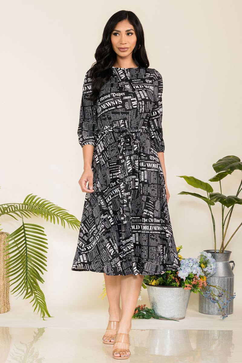 HH583R-NEWSPAPER - Self Tie Midi Dress