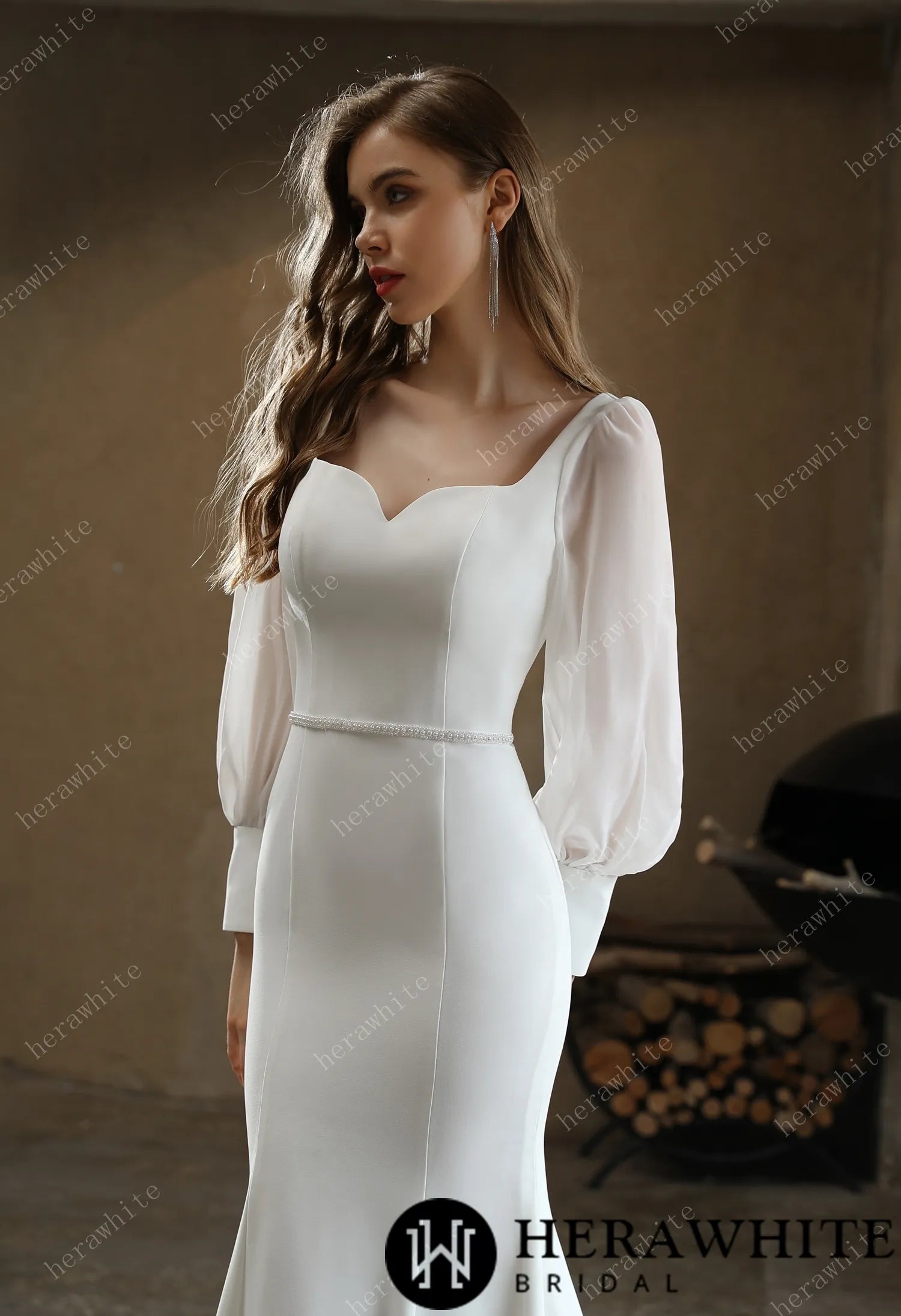 Classic Fit and Flare Wedding Gown with Puff Chiffon Sleeves