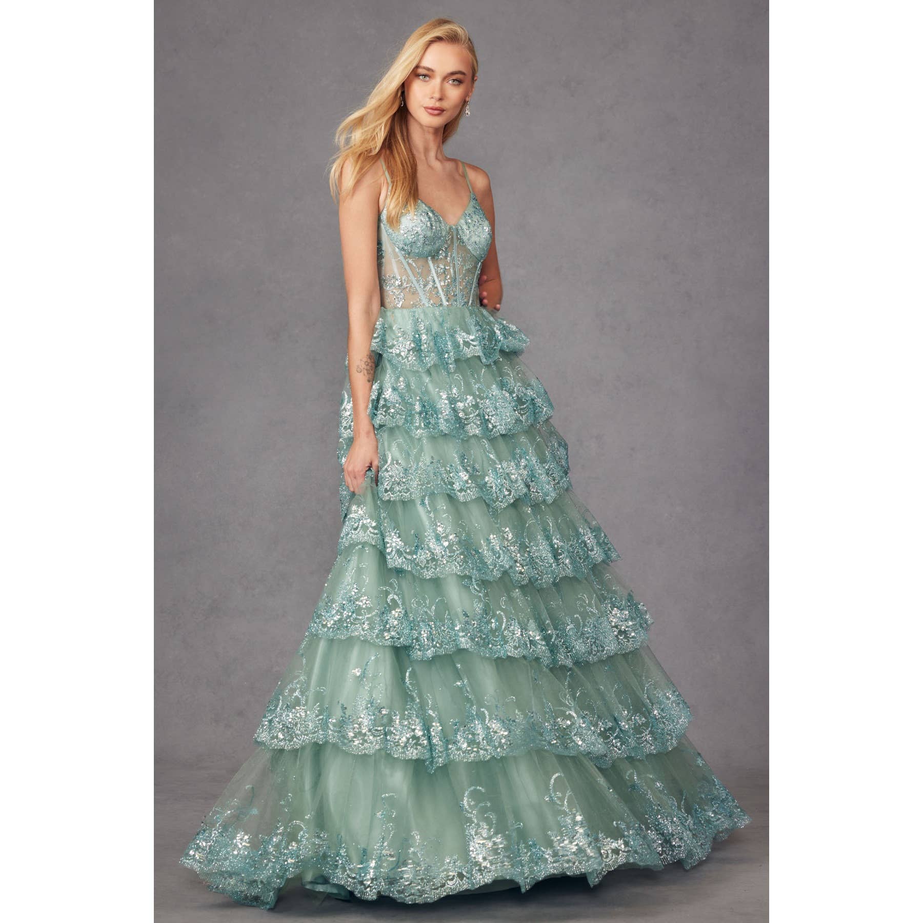 RUFFLE TULLE LACE SEQUIN BALL GOWN WITH SHEER CORSET BODICE