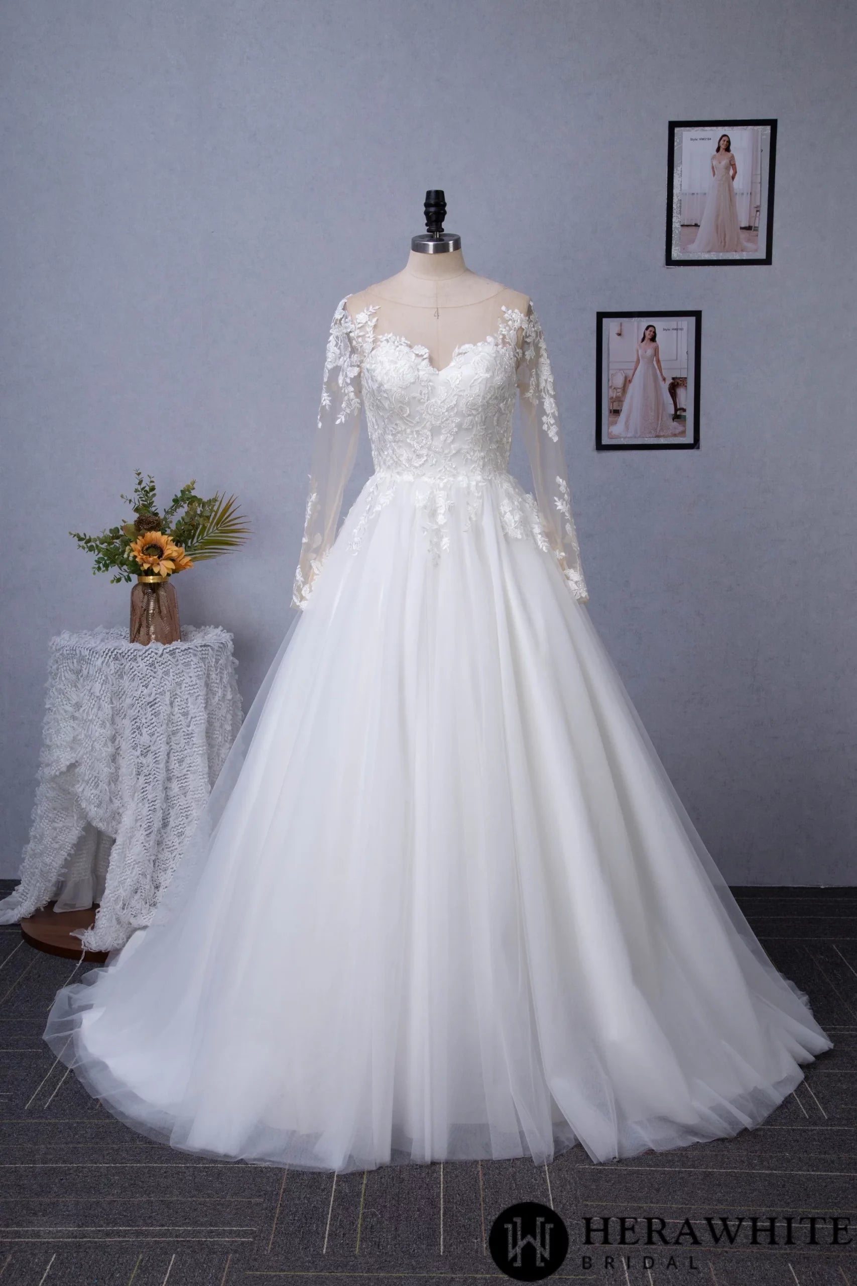 Illusion Long Sleeve Chapel Train Lace Wedding Dress