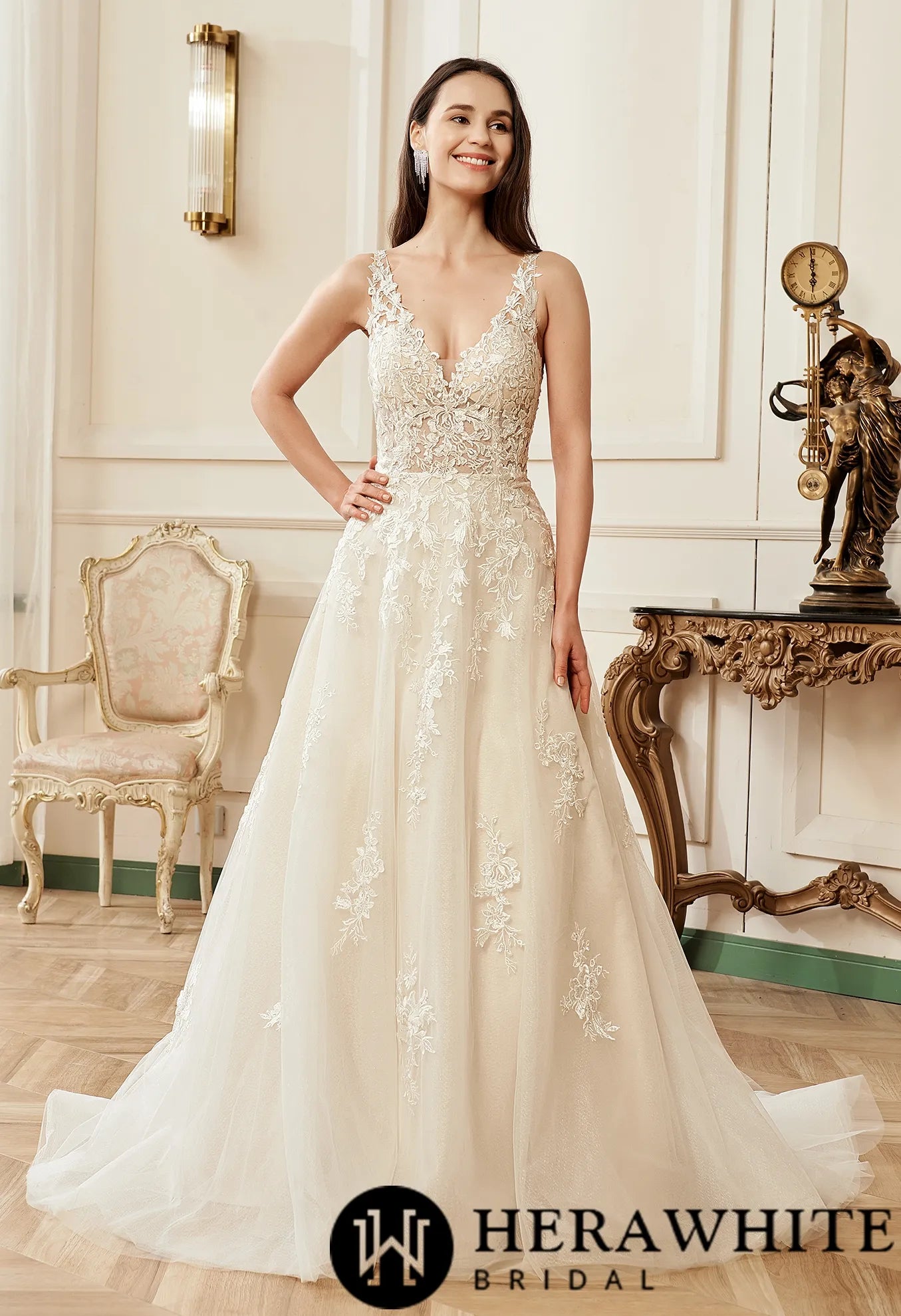 Illusion V-neckline A-Line Lace Straps Bridal Gown