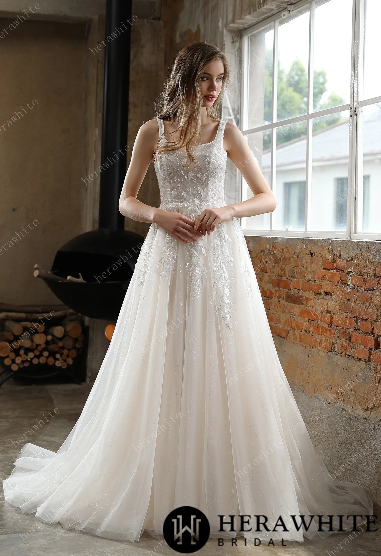 Square Neckline Wedding Dress with Delicate Leafy Lace