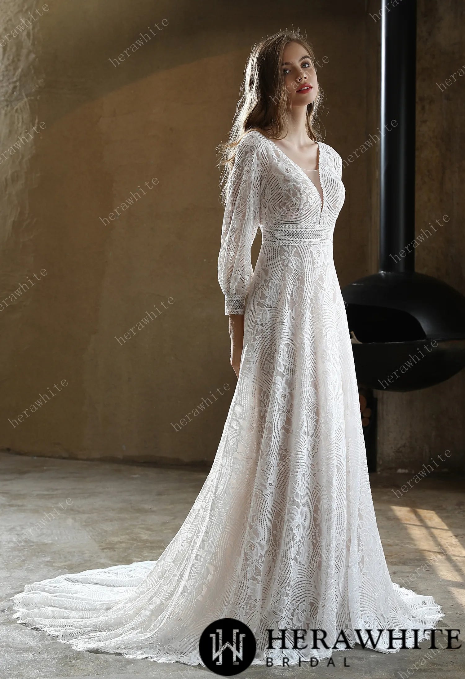 Unique Plunging V-neck Lace Bohemian wedding gown