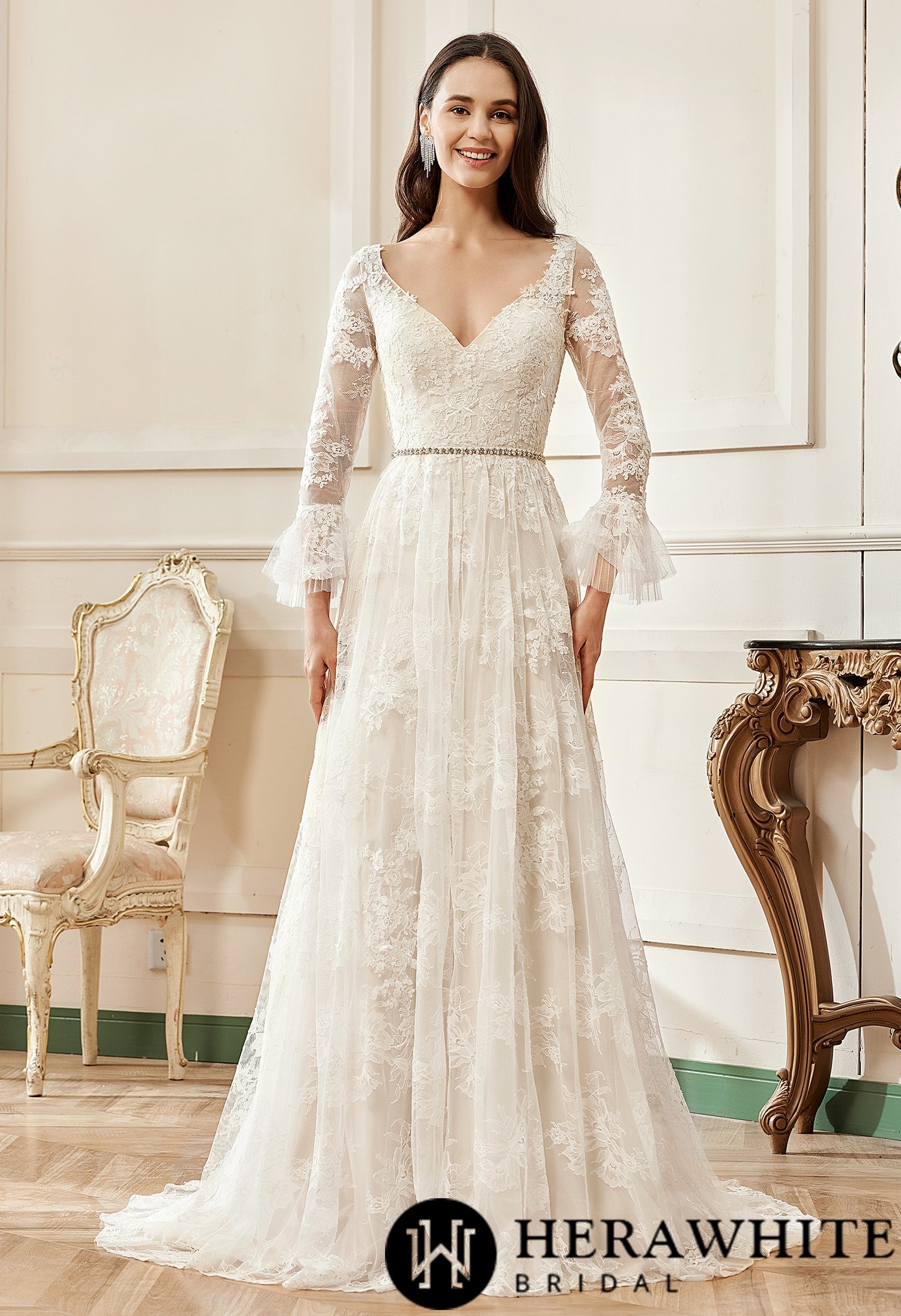 A-Line V-neck Chapel Train Lace Wedding Dress With Flare Long Sleeve