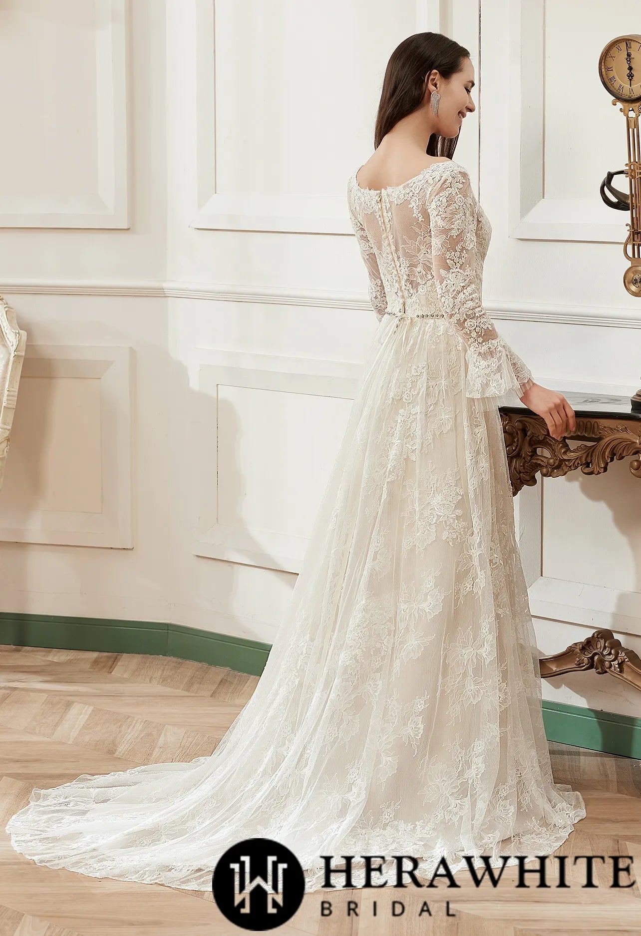 A-Line V-neck Chapel Train Lace Wedding Dress With Flare Long Sleeve