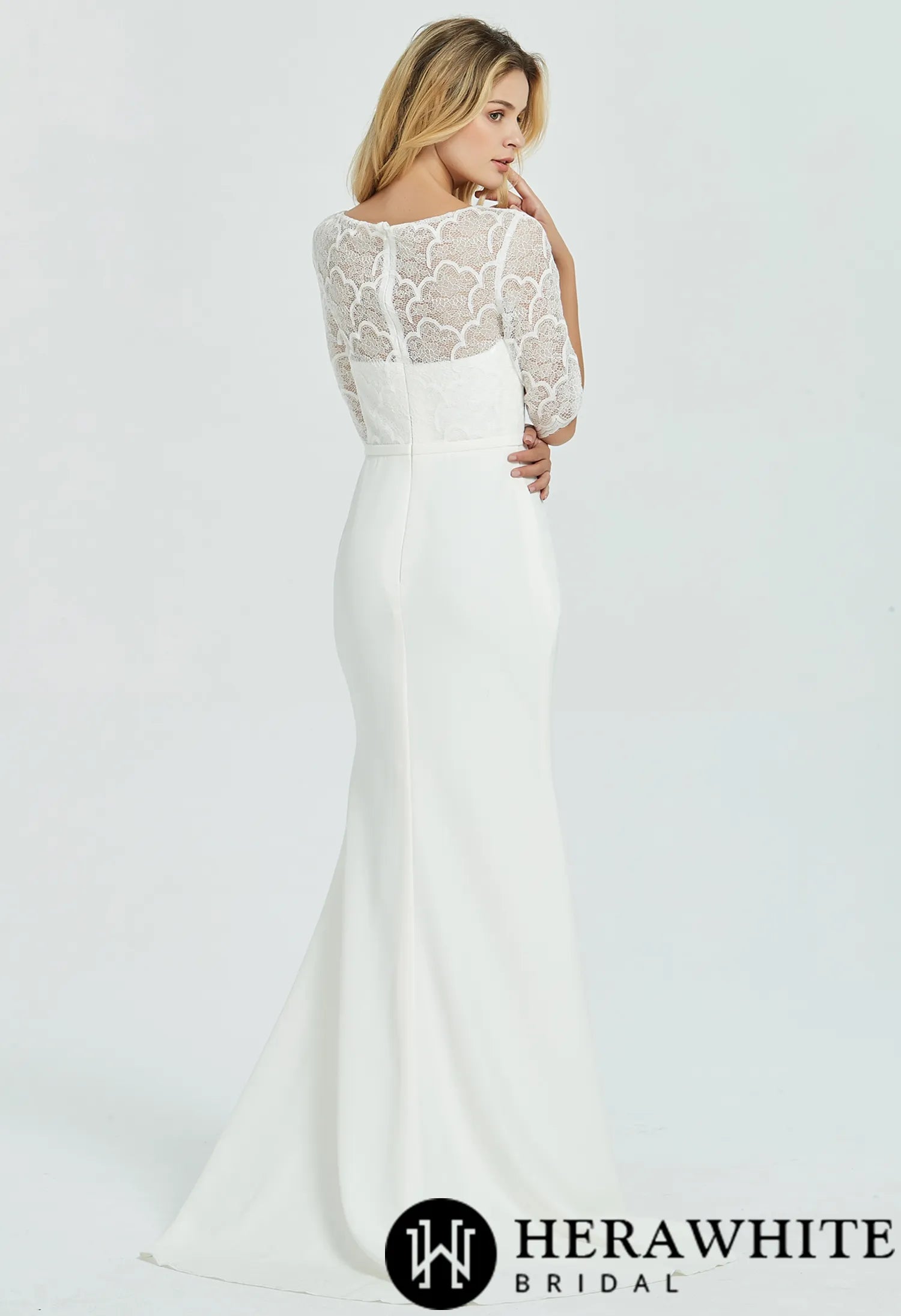 Crepe Long Sleeve Modest Lace Sheath Wedding Dress