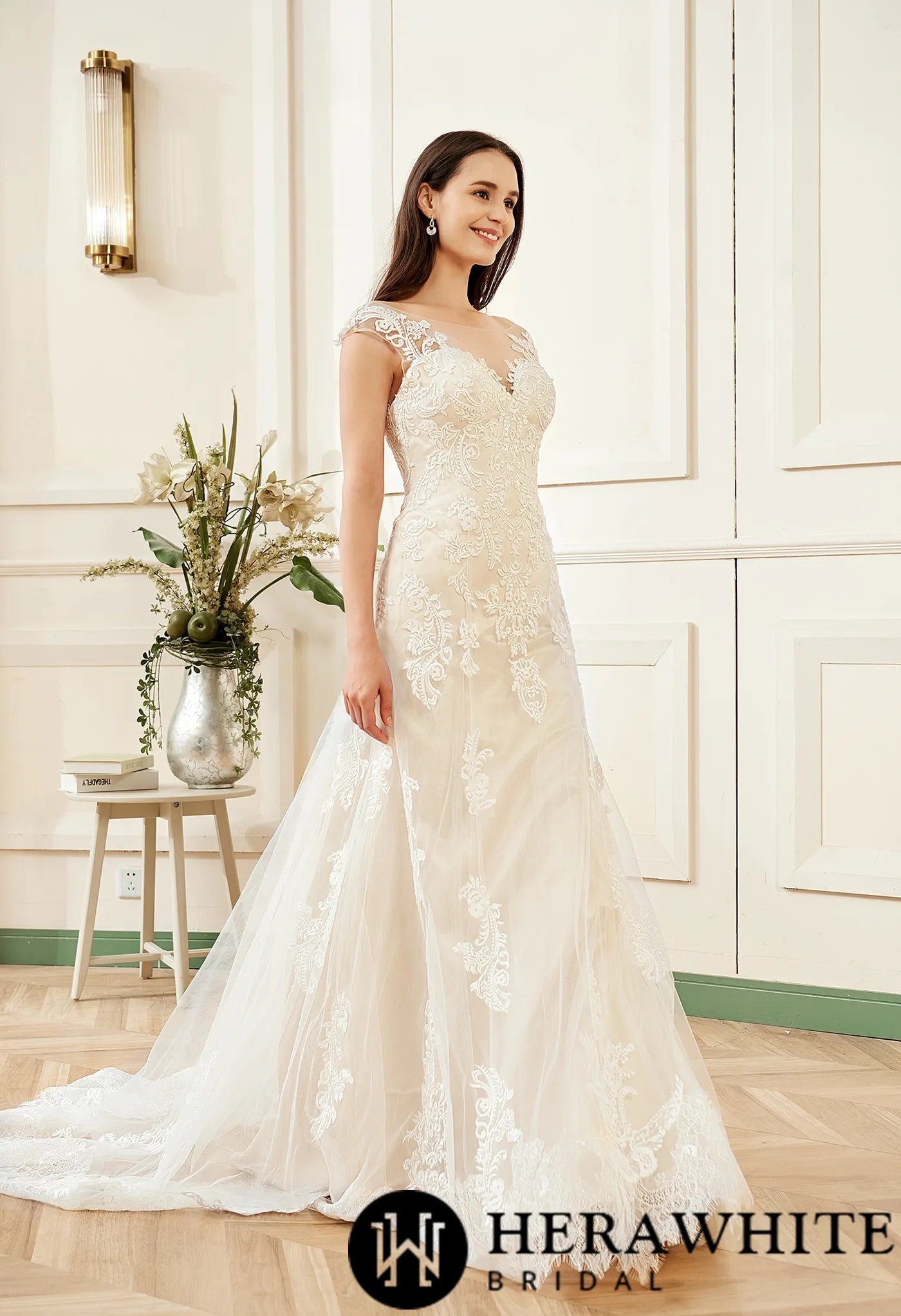 Stunning Illusion Lace Bateau Neckline With Cap Sleeve Wedding Gown