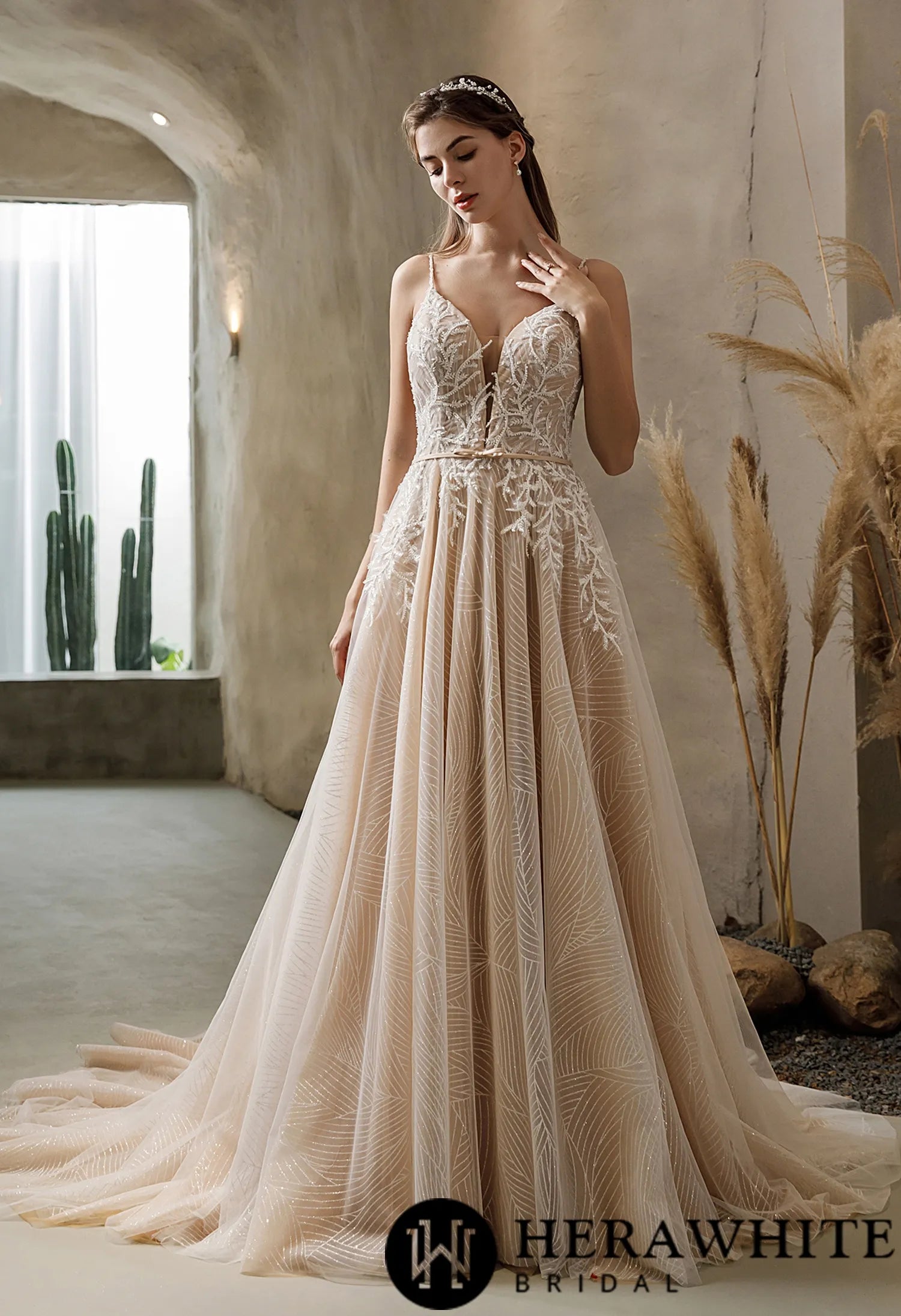 Shimmery Sequined Lace A-line Wedding Dress With Long Train