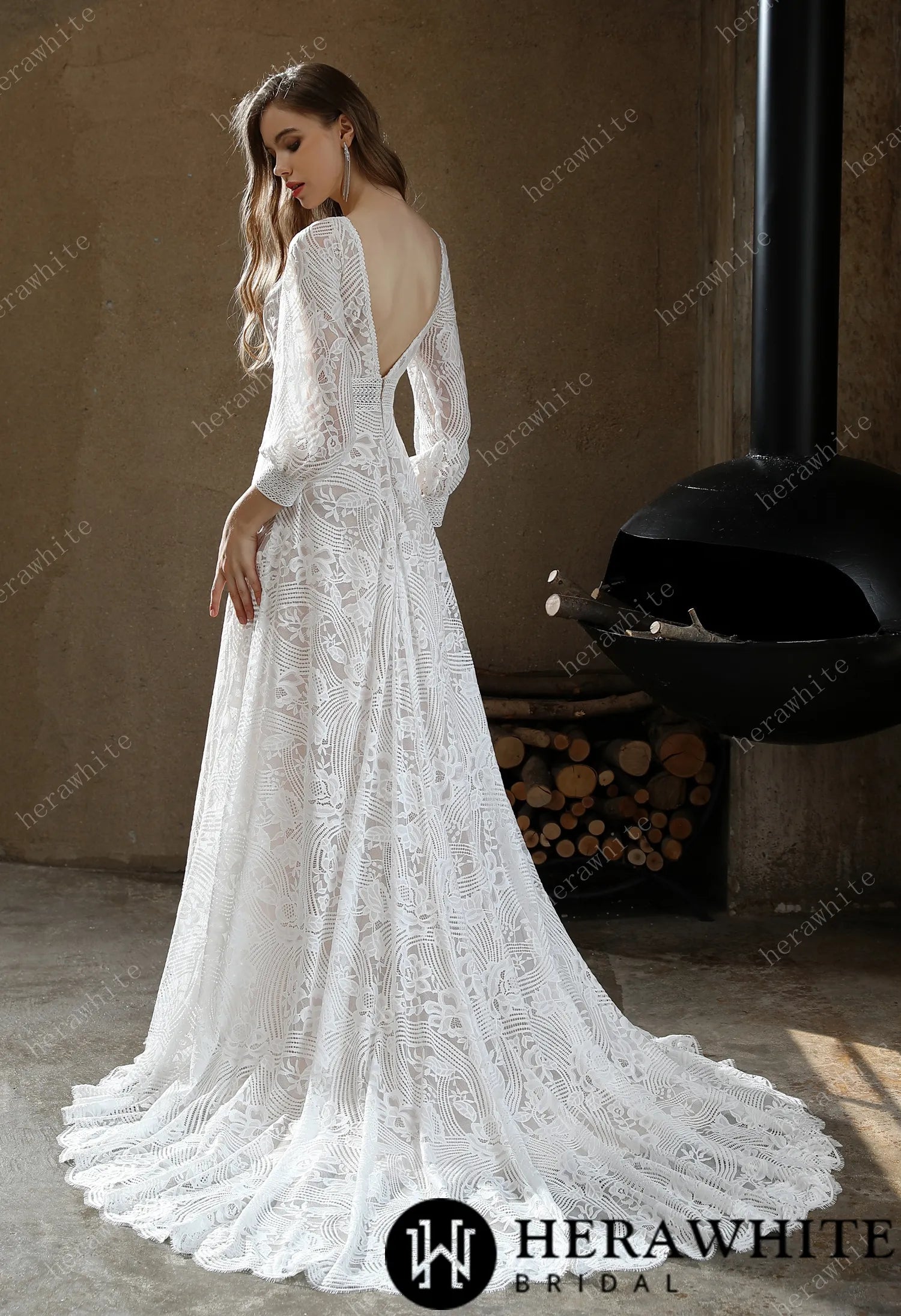 Unique Plunging V-neck Lace Bohemian wedding gown